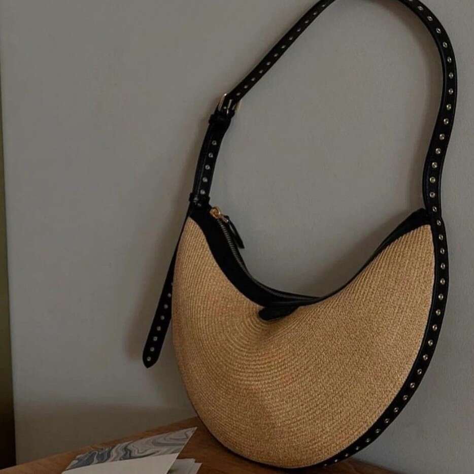 Straw Leather Crescent Bag Women Summer Beach Vacation Casual Shoulder Handbag Trendy Bohemia Lightweight Daily Travel Fashion SENYY