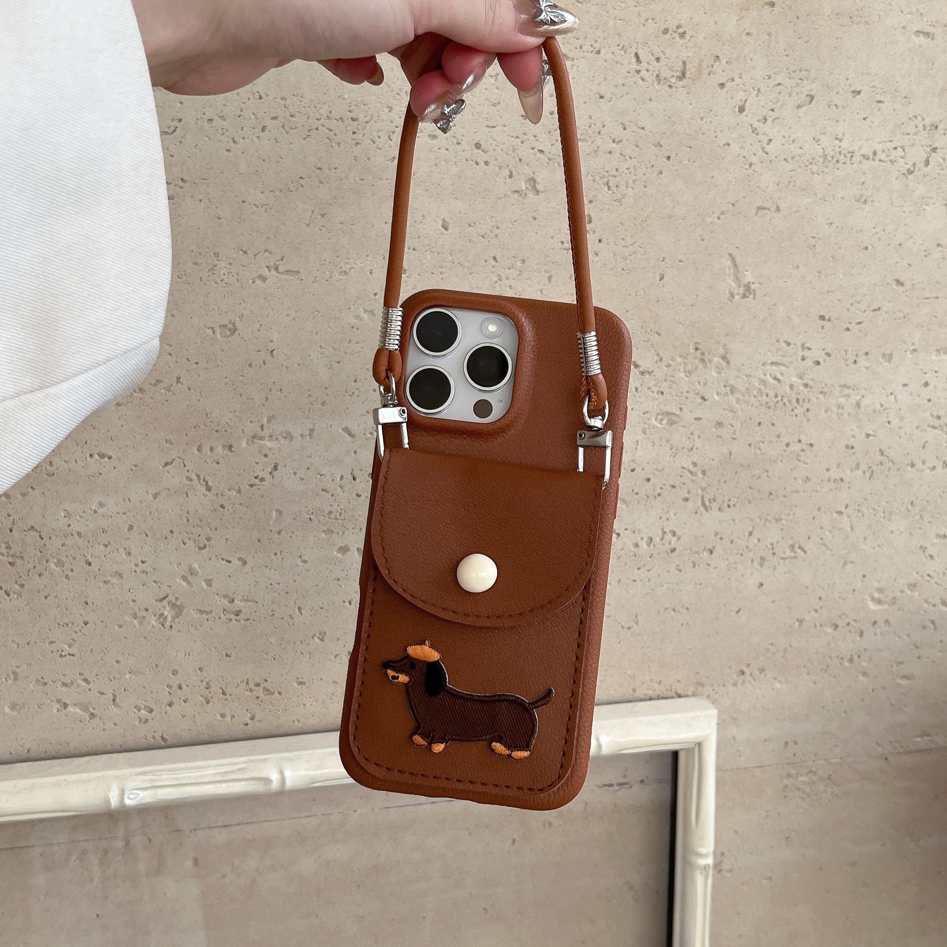Embroidered puppy card holder case for Apple 16, iPhone 17 Pro/15, soft TPU with lychee pattern and wrist strap