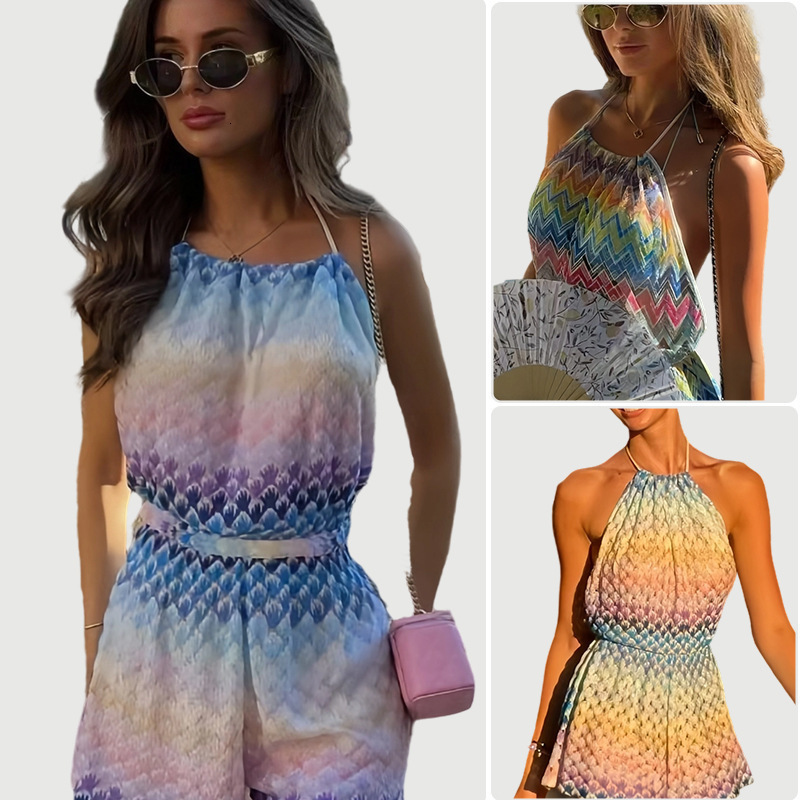 Printed Fringe Women Halter Dress Color Striped Slim Fit Sexy Bikini Vest Camisole Patchwork Vacation Beach Tassel Short Dresses 250614