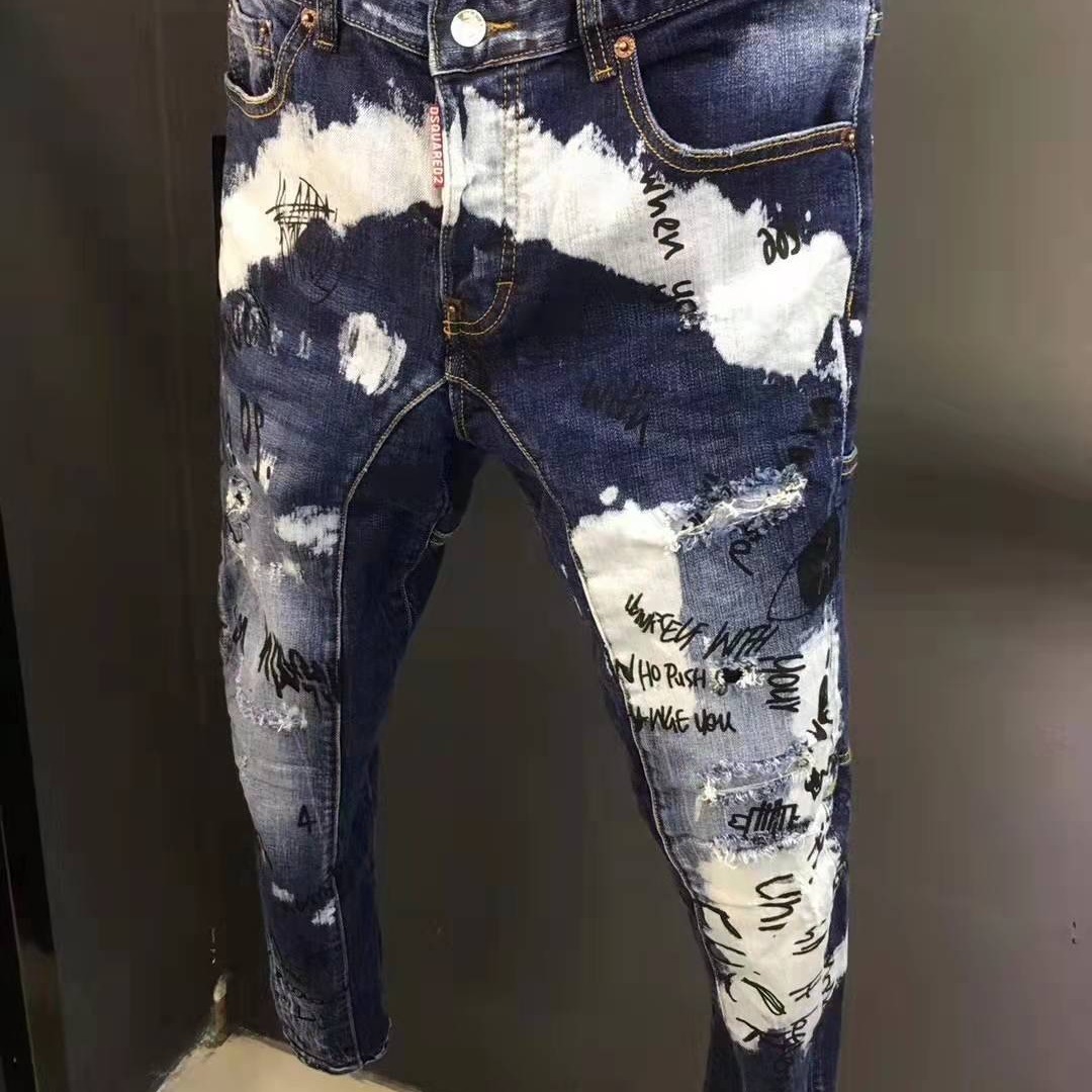 Autumn Designer Jeans Luxury Men's Slim Fit Straight Tube Ripped Hole Personalized Elastic Inkjet Sports Casual Pants Hip-hop Style Korean Youth 