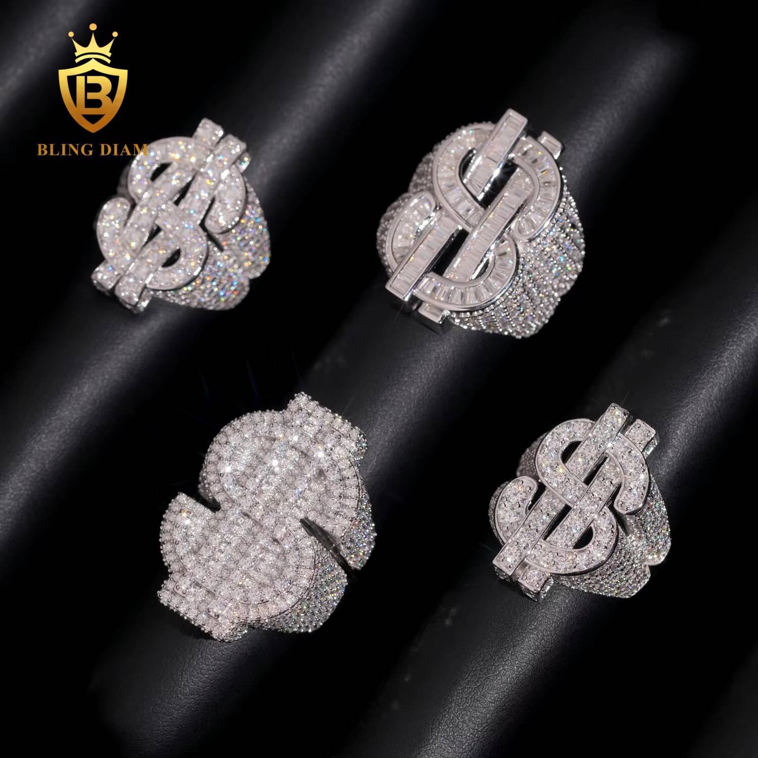 Hip-Hop Jewelry Men Dollar Sign Eternity Rings 925 Sterling Silver Ice Out Vvs Moissanite Fully Diamond