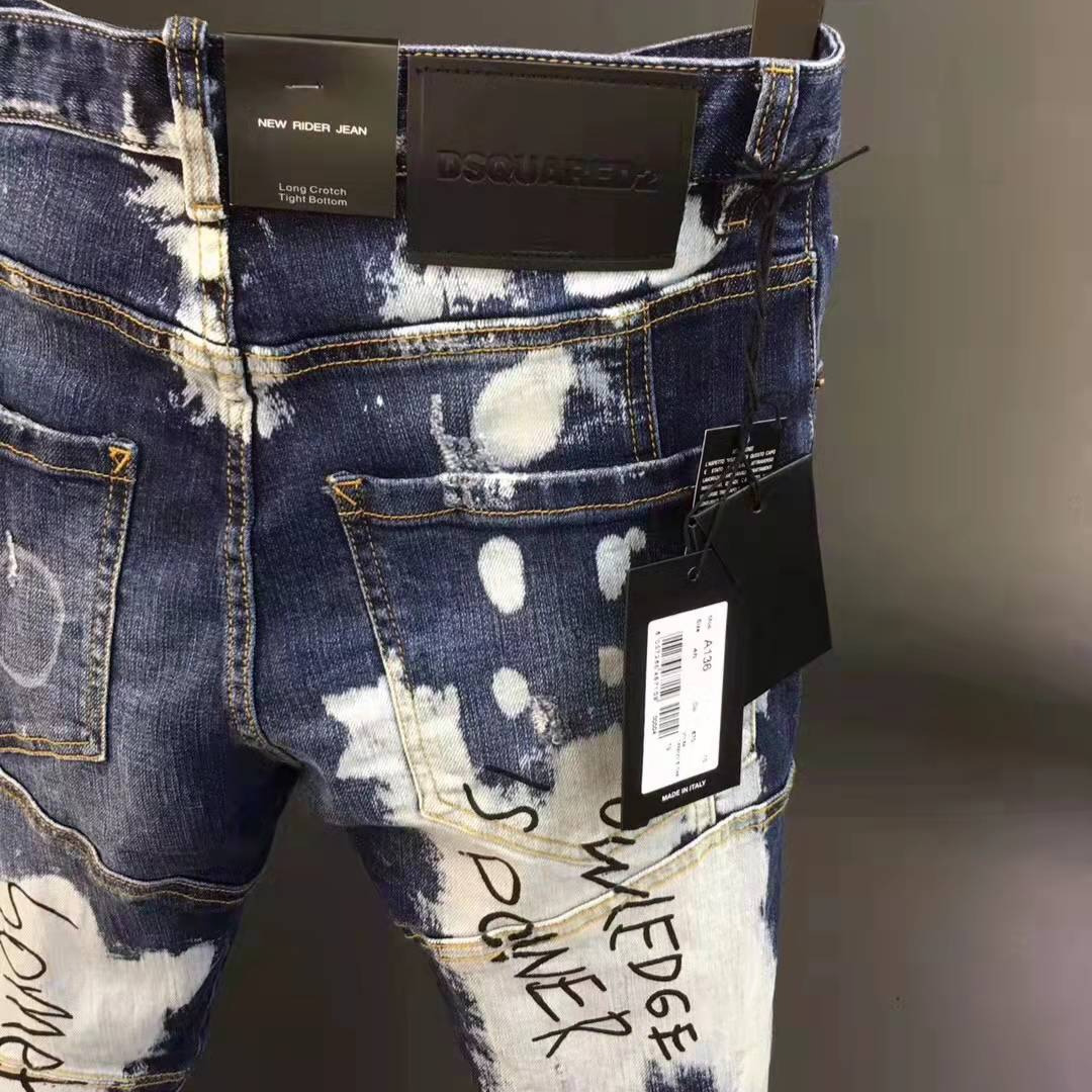 Autumn Designer Jeans Luxury Men's Slim Fit Straight Tube Ripped Hole Personalized Elastic Inkjet Sports Casual Pants Hip-hop Style Korean Youth 