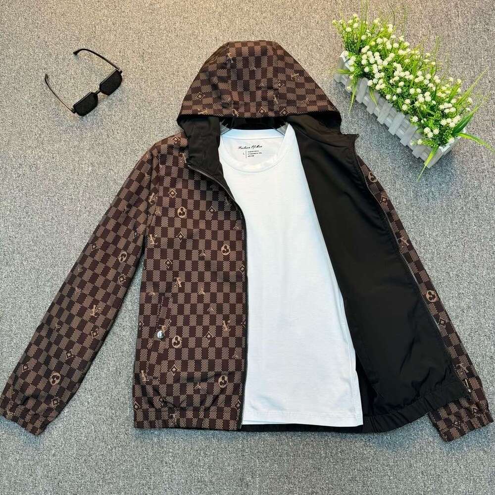 Men's 2026 Autumn Reversible Hooded Jacket Checker Monogram Print Lightweight Windbreaker Casual Versatile Water Resistant Outerwear For Daily St