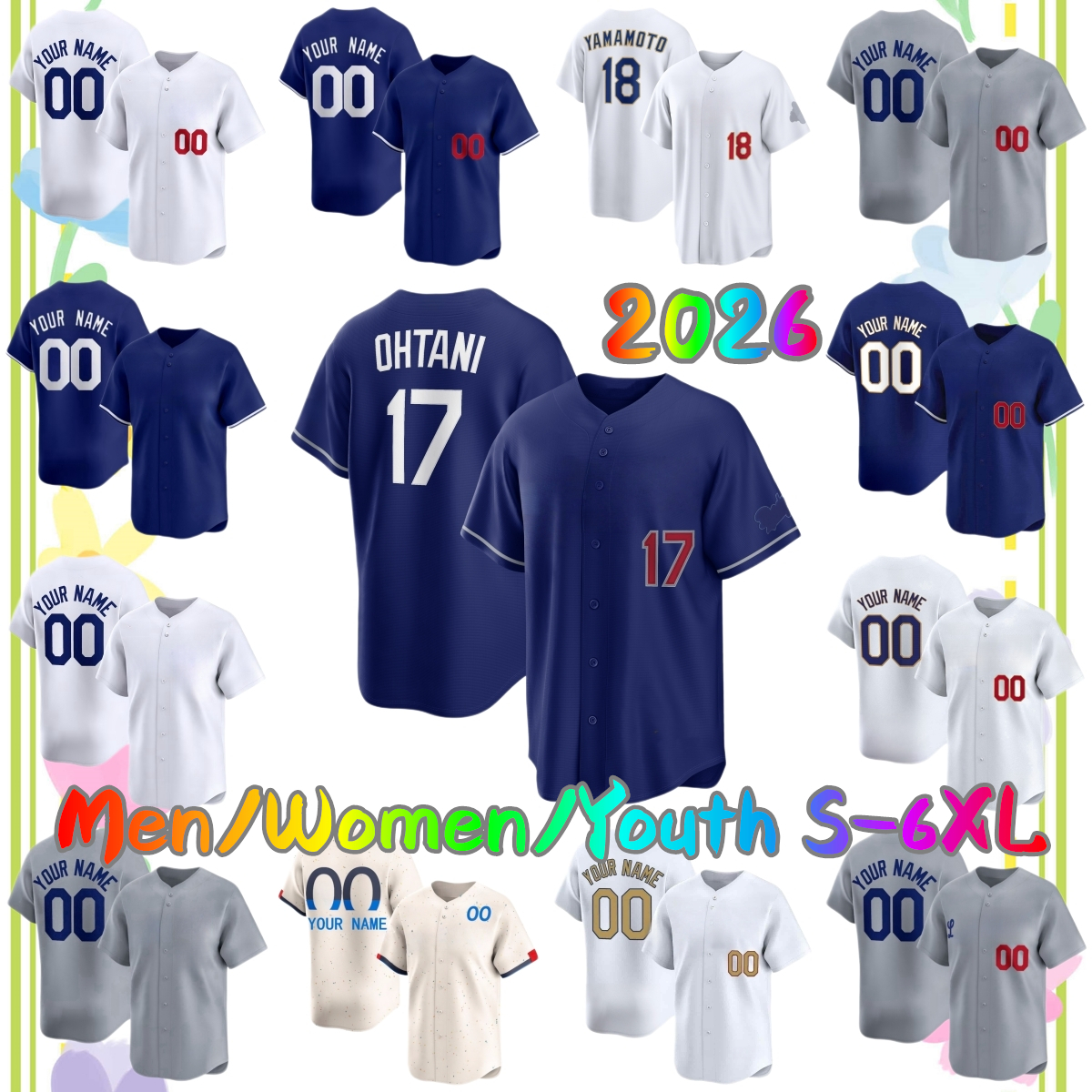 2026 Custom New 17 Shohei Ohtani Baseball Jersey 18 Yoshinobu Yamamoto 50 Mookie Betts 7 Blake Snell Freeman Tucker Muncy Glasnow Diaz Smith Hernandez Outman Jerseys
