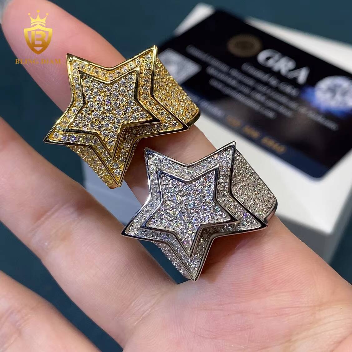 Iced Out Hip Hop Rings Star Shape Round Brilliant Cut VVS Moissanite Ring 925 Silver Rings GRA Certified Moissanite Ring Men