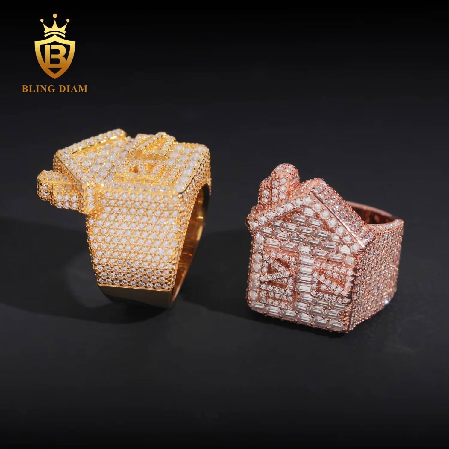 Iced Out Cuban House Ring Mens Hip Hop Jewelry 925 Sterling Silver Vvs1 Emerald Square Stone Cut Moissanite Diamond