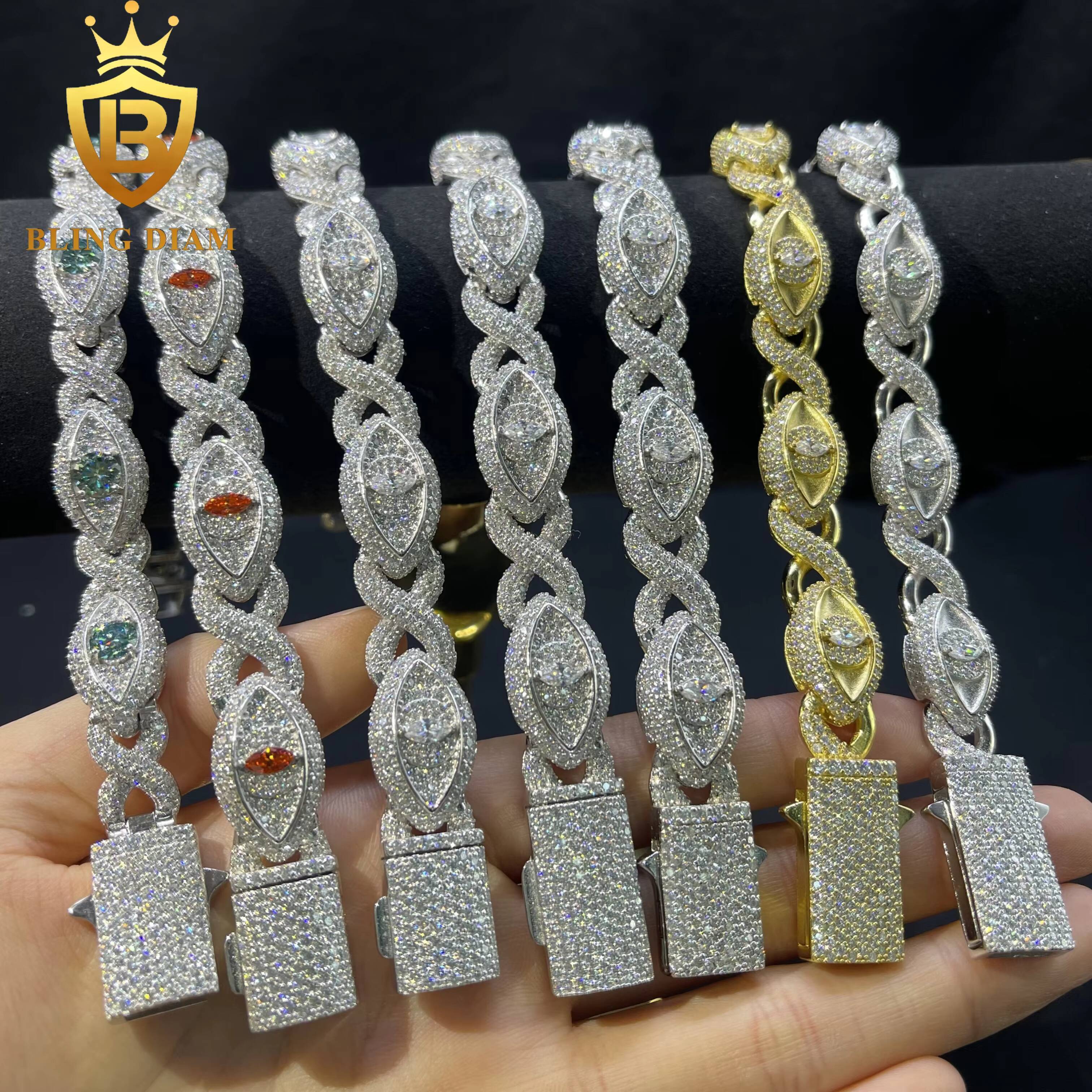 Wholesale Hip Hop Jewelry S925 Sterling Silver Vvs Moissanite Eye Infinity Cuban Link Charms Gold Plated Bracelets Mens