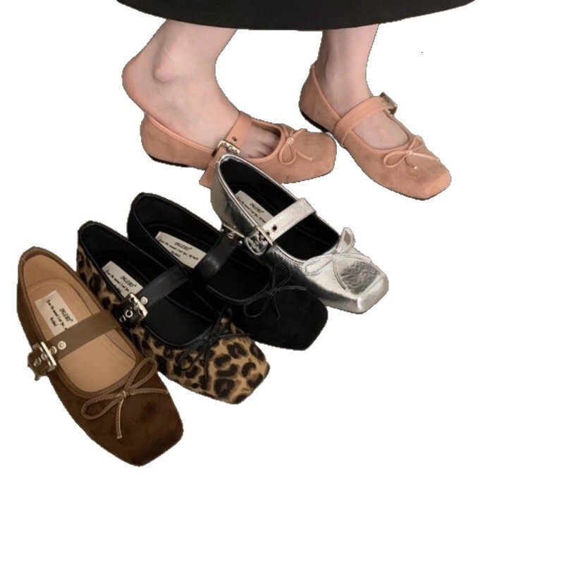 Internet Celebrity Square Toe Women's Autumn New Flat Bowknot Single Ballet Silver Belt Buckle Mary Jane Shoes