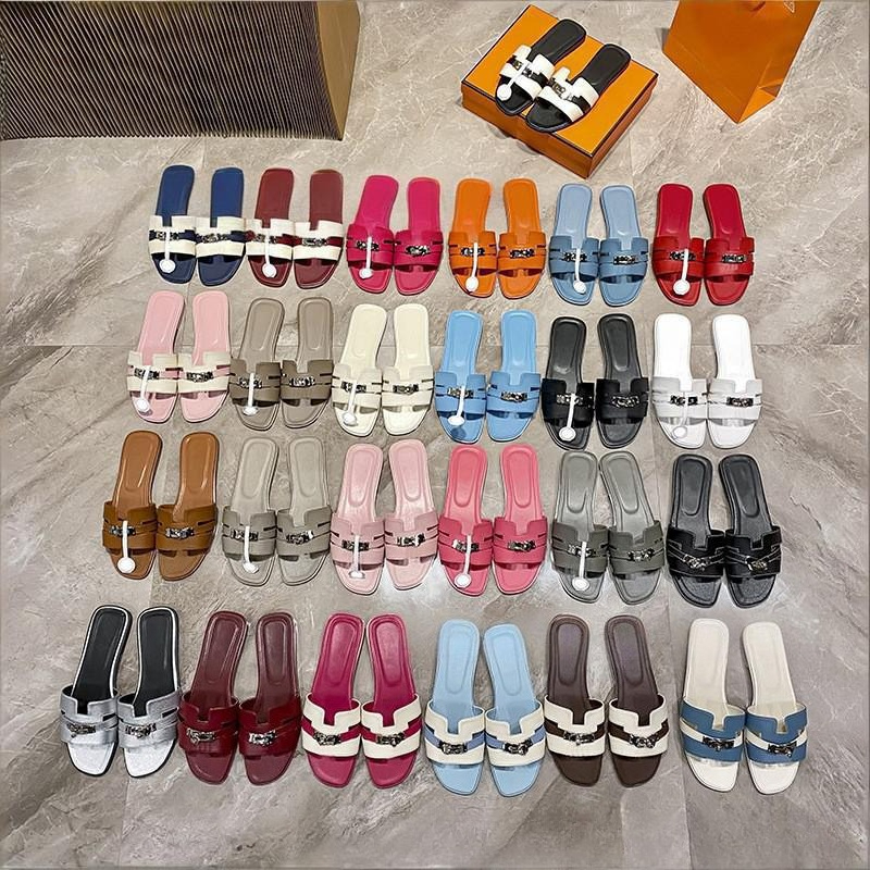 Designer Shoes Women Fashion HH Metal Buckle Strap Slide Square Toe Flat on Sandals Comfortable Flat Casual Shoes Lightweight Non-Slip Summer Slippers Plus Size 35-42