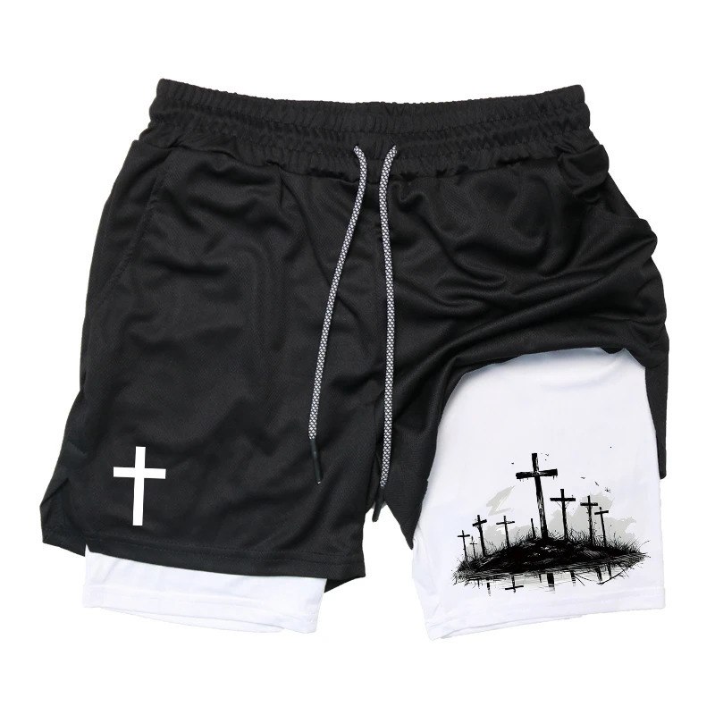 Print 2 in 1 Running Workout Shorts for Men Christian Gym Athletic Performance Shorts with Phone Pocket Towel Loop Activewear 260421