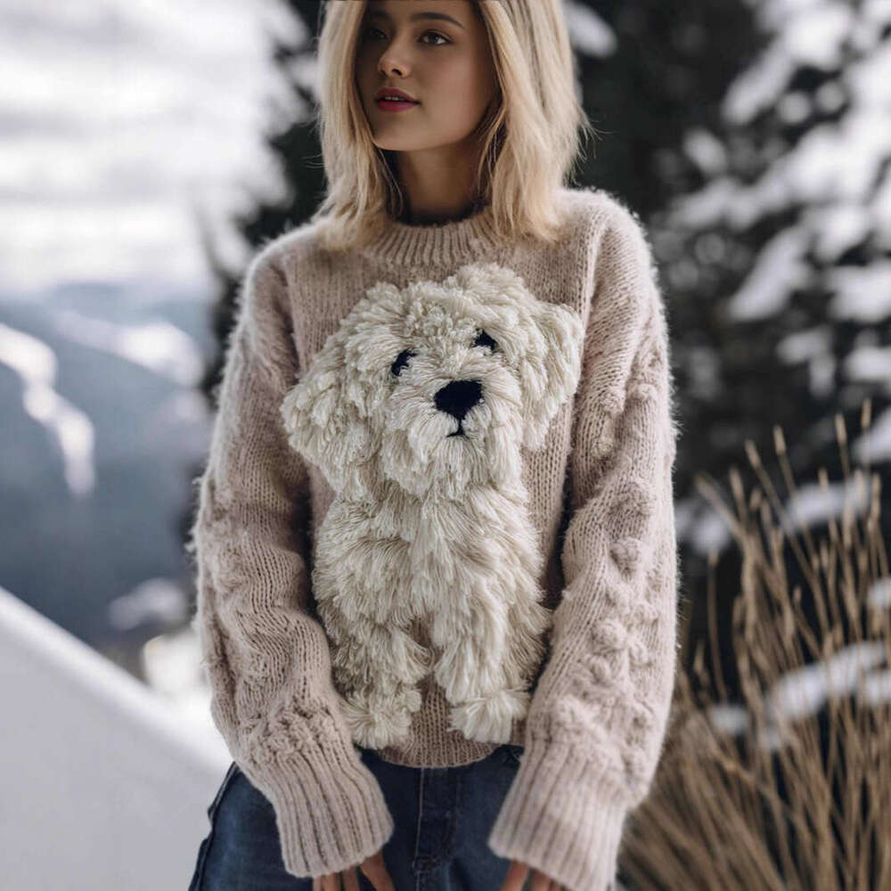 2026 Fall Winter Women Bear Print Knitted Sweater French American Trendy Heavyweight Pullover Casual Warm Base Top MAKOUFEI