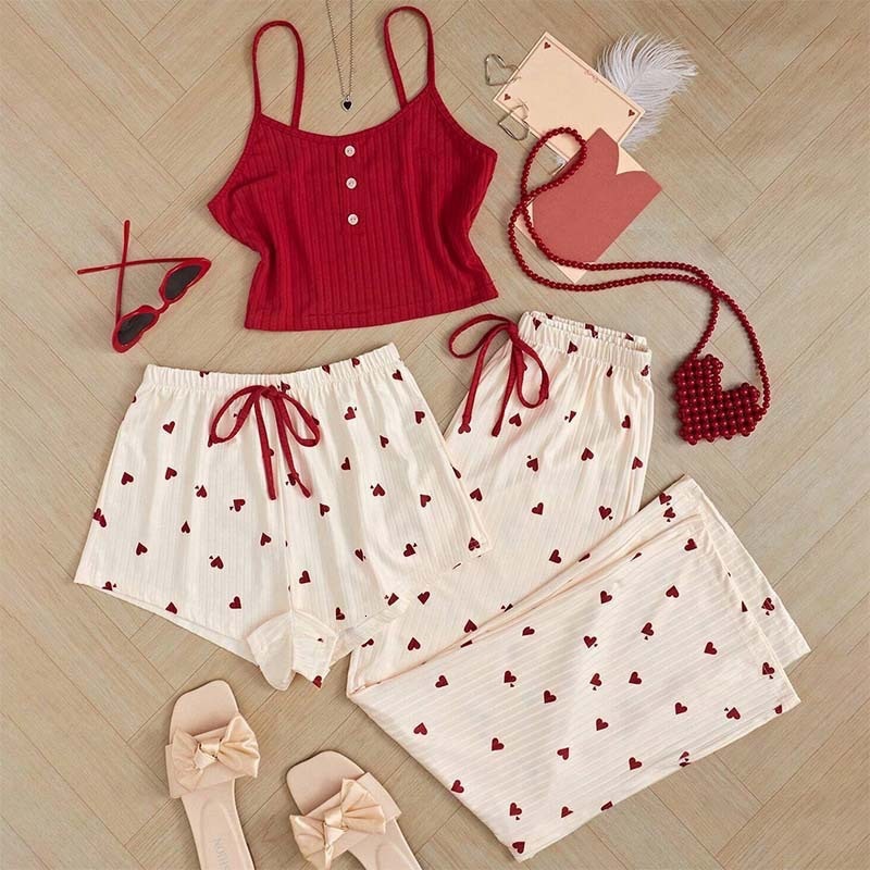 Luxury Brand Designer Women Spring Summer Heart Print Ribbed Button Cami Three Piece Set Loungewear Drawstring Comfortable Versatile Daily Chic Stylis