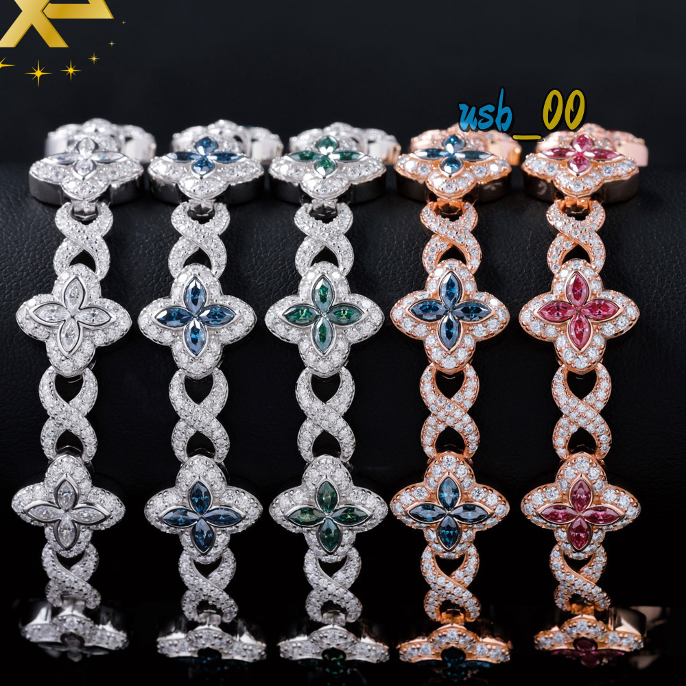 Hot Stunning Bracelets Colored Moissanite Clover Charms 13mm Four Leaf Cuban Links Bracelet 925 Silver Cuban Chains Men Women