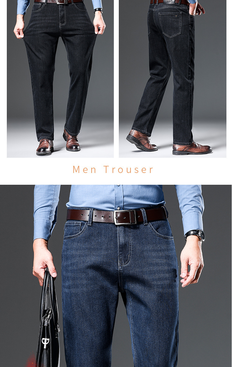 Men's Luxurious Straight Tube Loose Wool Lining Thickened Loose And Wrinkle Free Elastic Designer Denim Pants Suitable For Middle-aged And Elderl