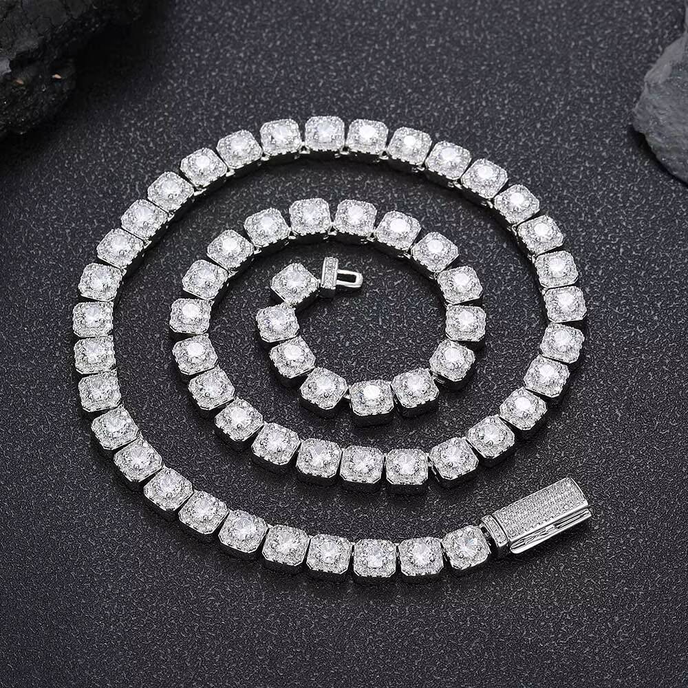 Nuoya Luxury VVS Moissanite Tennis Chain Custom 7mm 925 Sterling Silver Cluster Diamond Necklace Jewelry for Women