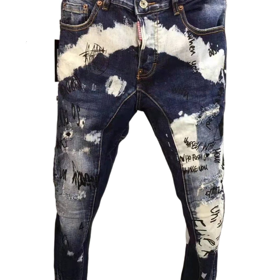 Autumn Designer Jeans Luxury Men's Slim Fit Straight Tube Ripped Hole Personalized Elastic Inkjet Sports Casual Pants Hip-hop Style Korean Youth 