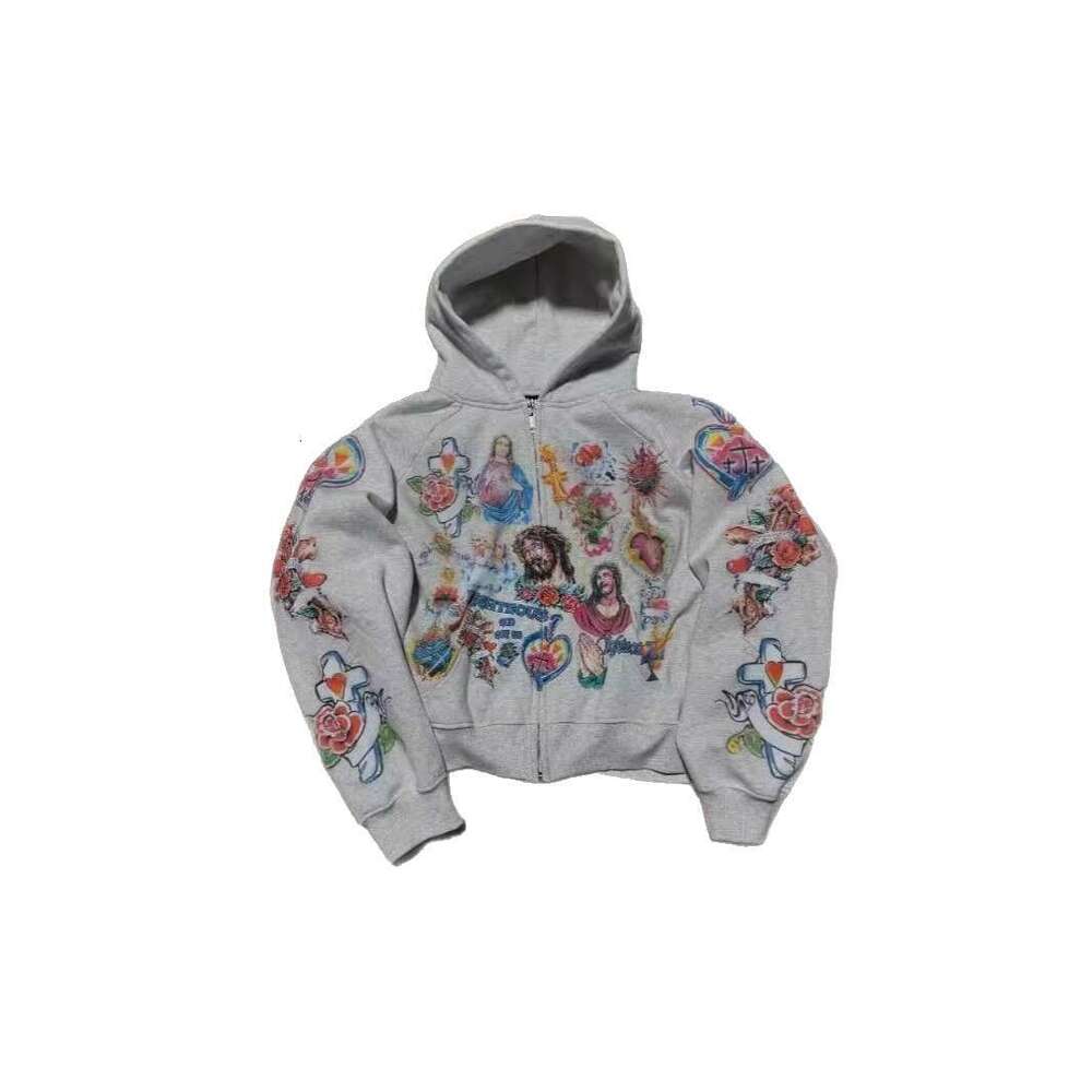 Pink Religious Tattoo Graphic Zip Up Hoodie, Y2K Vintage Cross Rose Print Streetwear Jacket
