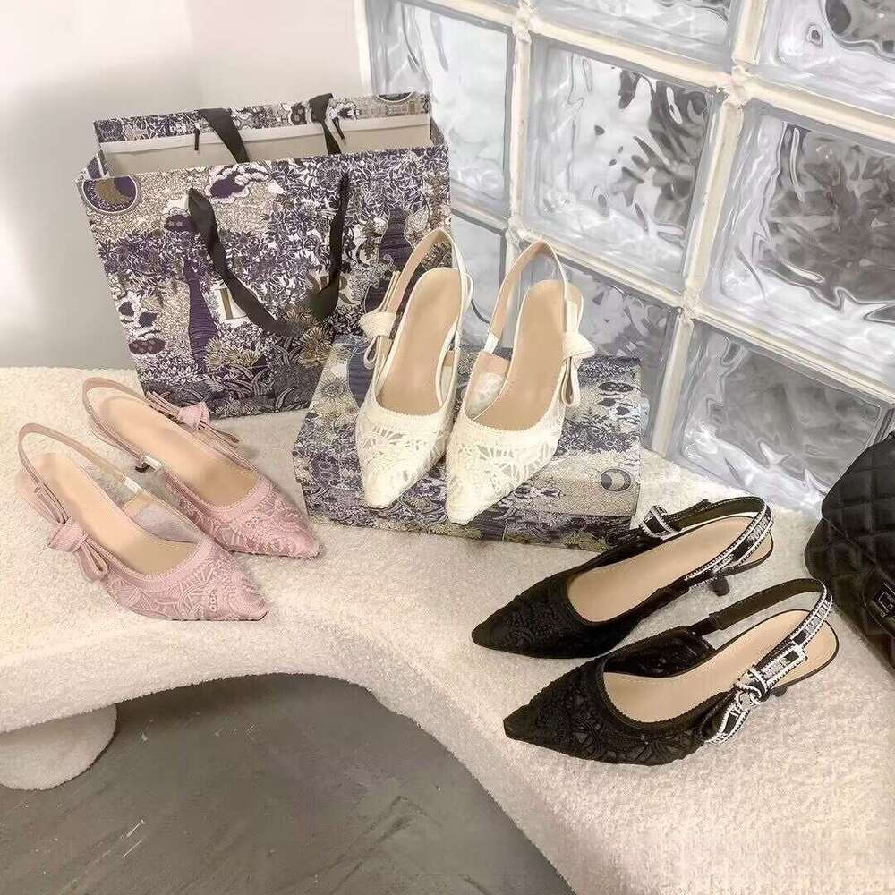 2026 D Designer high heels New Letter Lace Cat Heel Sandals Fashion Embroidery Pointed High Heels European And American Style