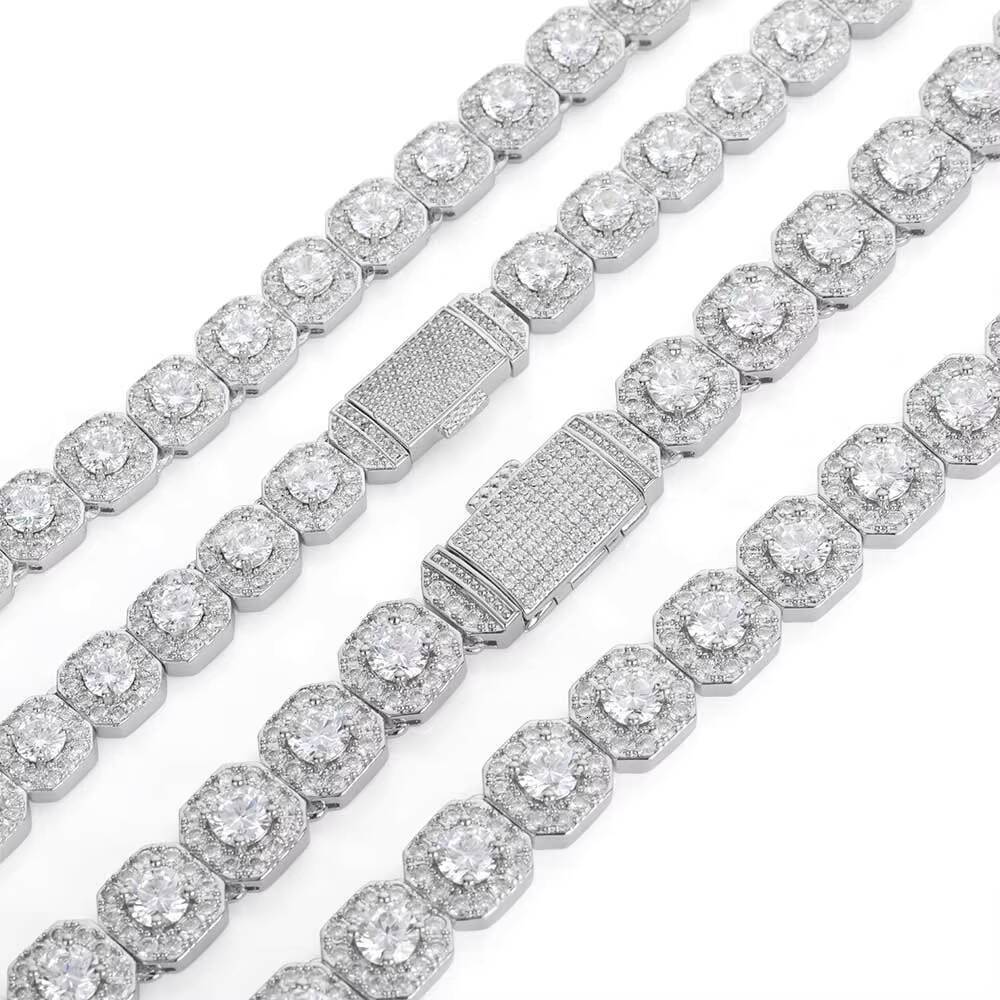 10/12mm Hip Hop Style Fine Jewelry Clustered Tennis Chain Necklace with Moissanite 925 Sterling Silver Tennis Chain for Gifts