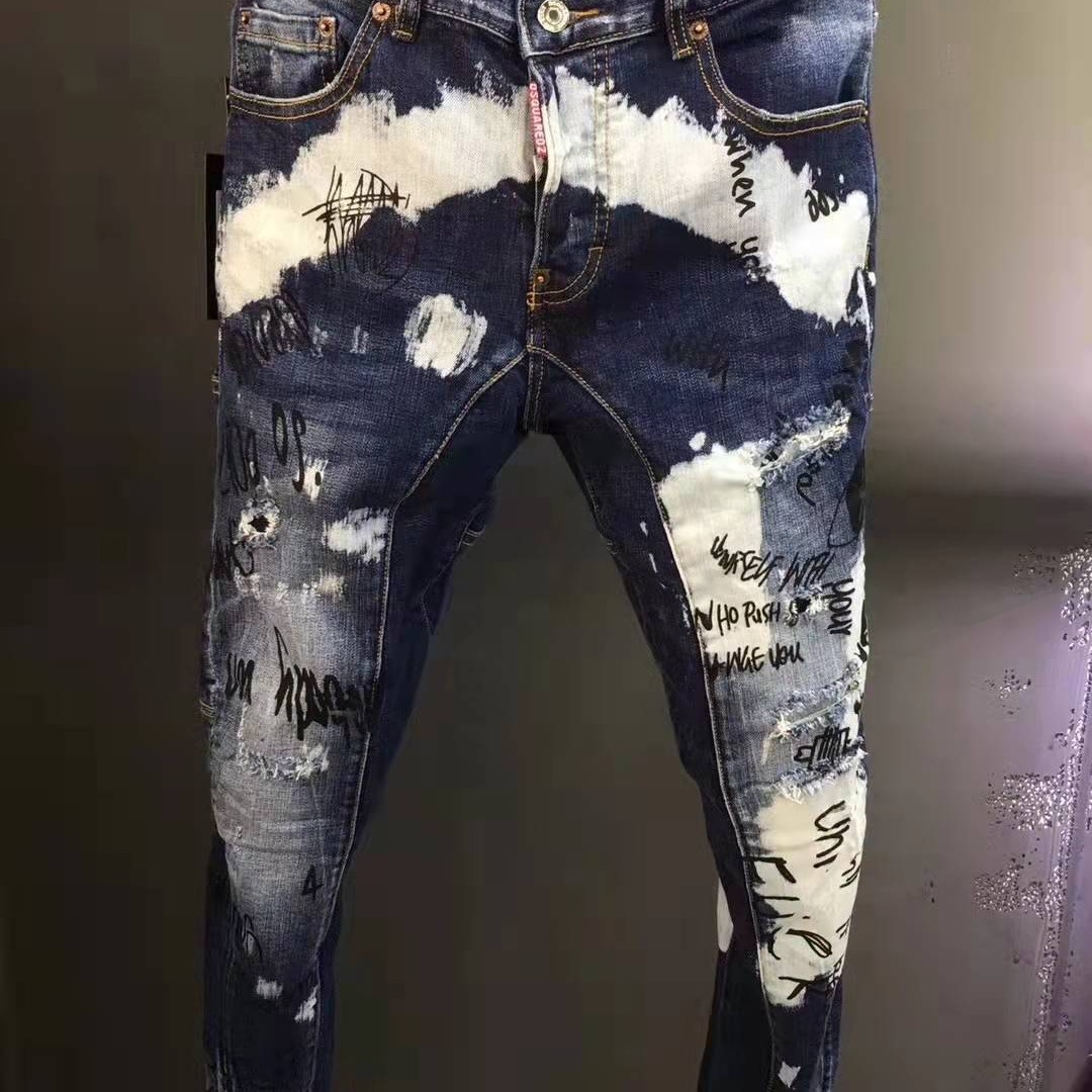 Autumn Designer Jeans Luxury Men's Slim Fit Straight Tube Ripped Hole Personalized Elastic Inkjet Sports Casual Pants Hip-hop Style Korean Youth 