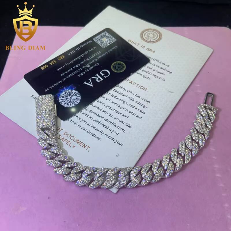 Hot Saling 12MM VVS1 Moissanite Cuban Link Chain Hip Hop Pass Diamond Tester Moissanite 925 Sterling Silver Cuban Chain GRA