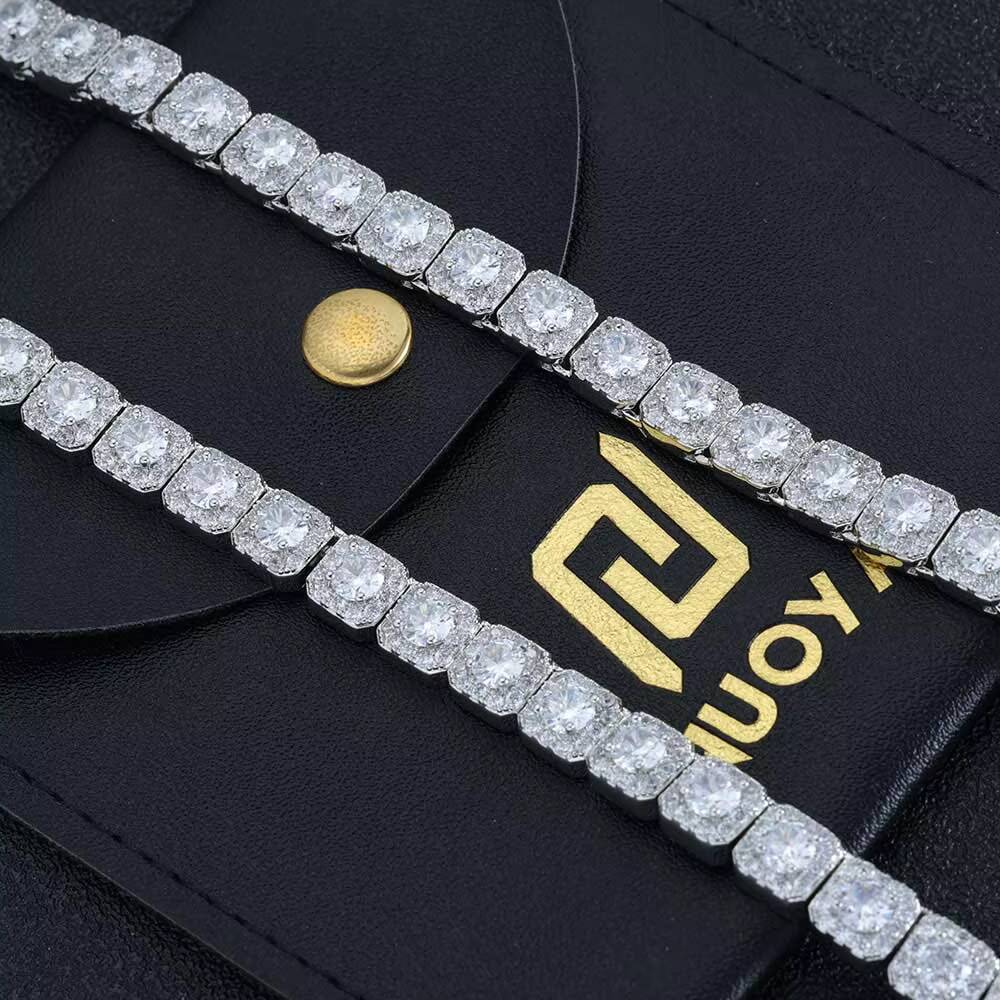 Nuoya 925 Sterling Silver Tennis Chain Luxury 7mm Custom VVS Moissanite Diamond Cluster Tennis Chain Necklace