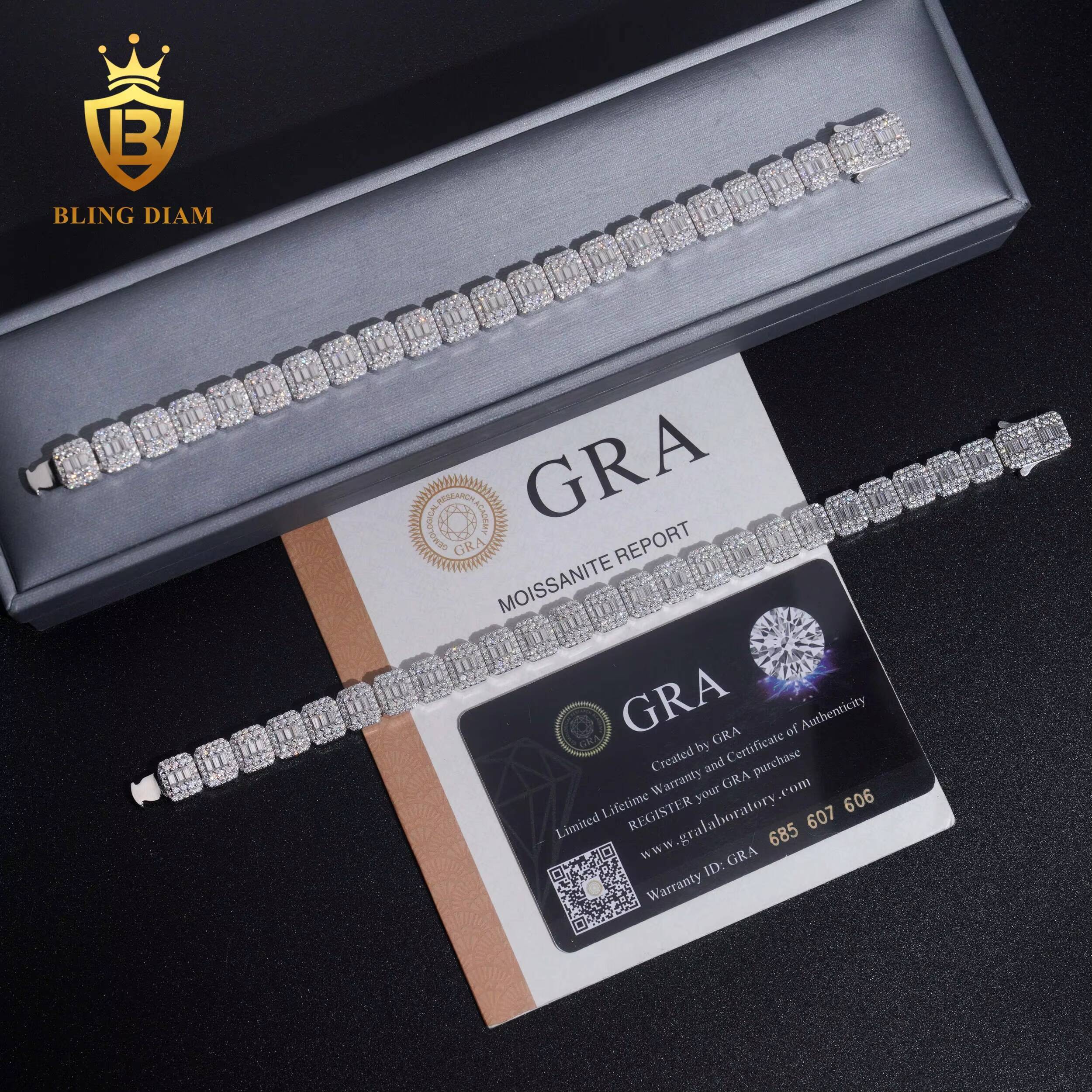 9mm Hip Hop Jewelry 925 Silver Vvs Moissanite Emerald Cut Tennis Chain Link Square Iced Out Bracelet Pass Diamond Test