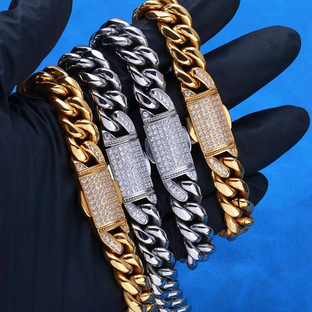 NUOYA 12mm Stainless Steel Cuban Link Chain Bling Moissanite Diamond Clasp Design 18K Gold Plated Miami Cuban Link Bracelet
