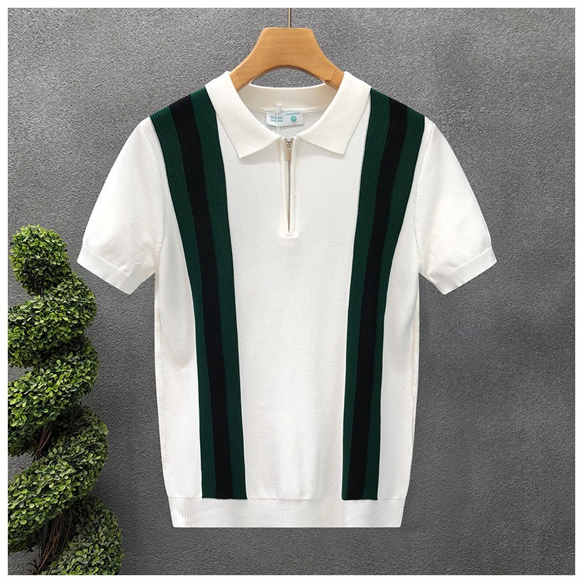 Men's Polos Korean Style Breathable Lightweight Knitted Polo Shirt Short Sleeve T-Shirt With Color Block And Ribbed Design For Summer