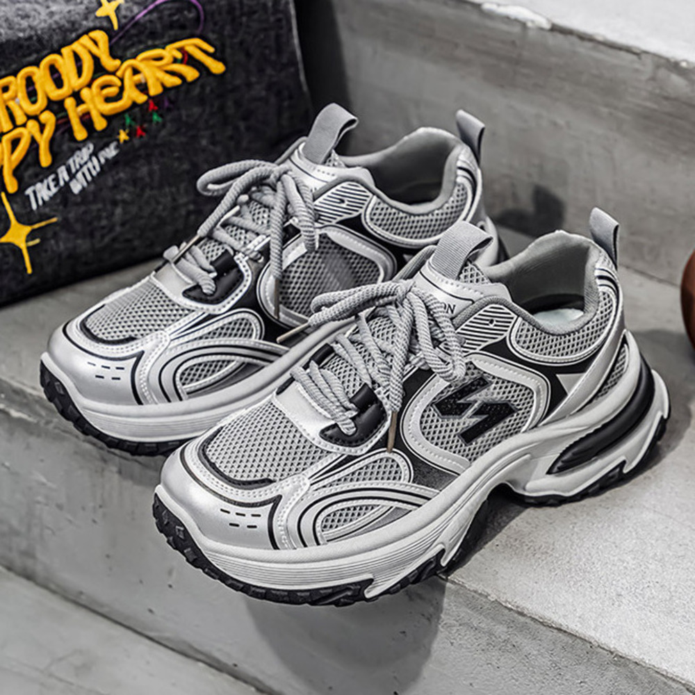 Women's White Chunky Sneakers Breathable Mesh Platform Dad Shoes Autumn New Mesh Men's Trendy Versatile Thick-Soled Height-Increasing Casual