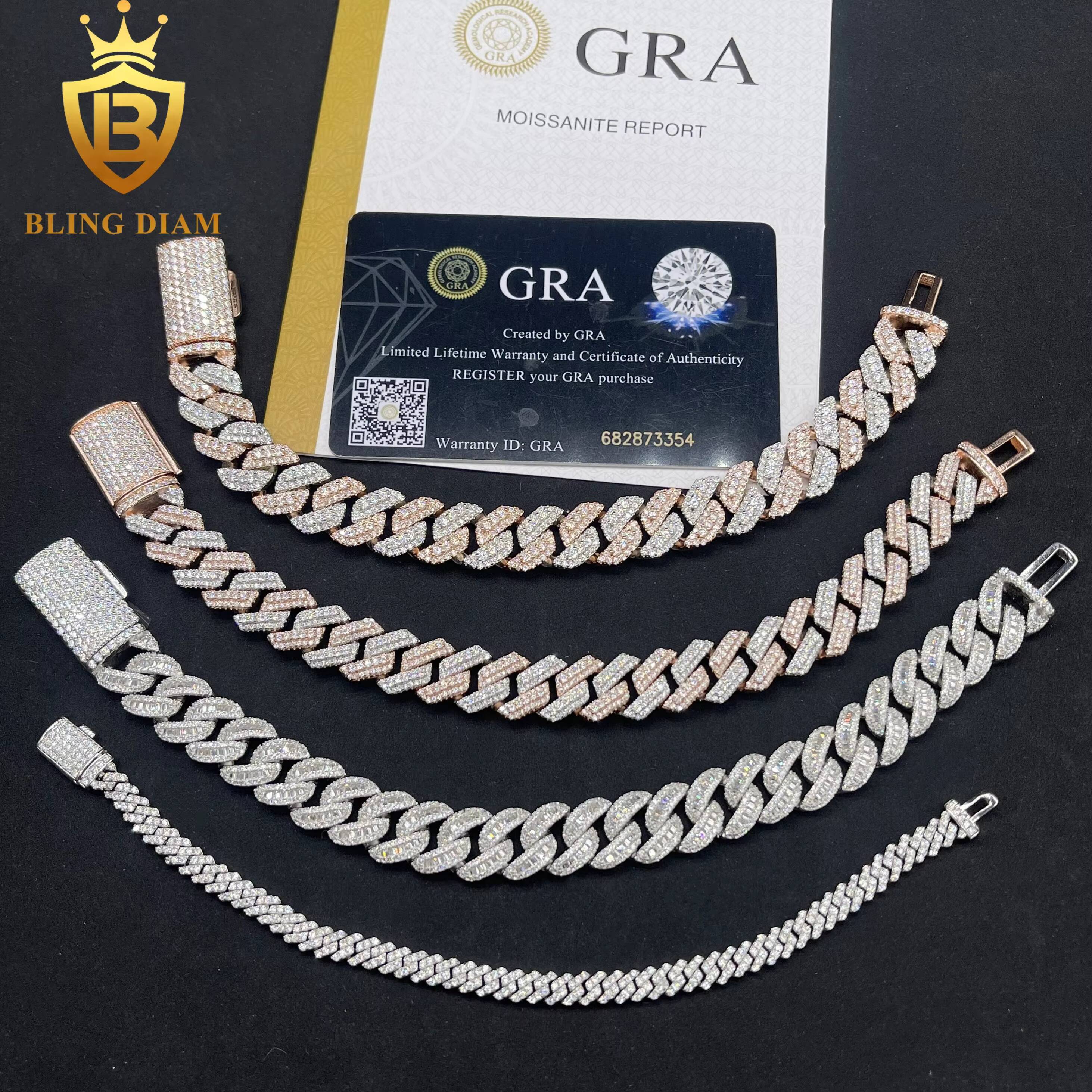 Hip Hop Jewelry Iced Out Rose Gold Two Tone Color Miami Cuban Link Chain and Bracelet Set for Men Moissanite 925 Sterling Silver