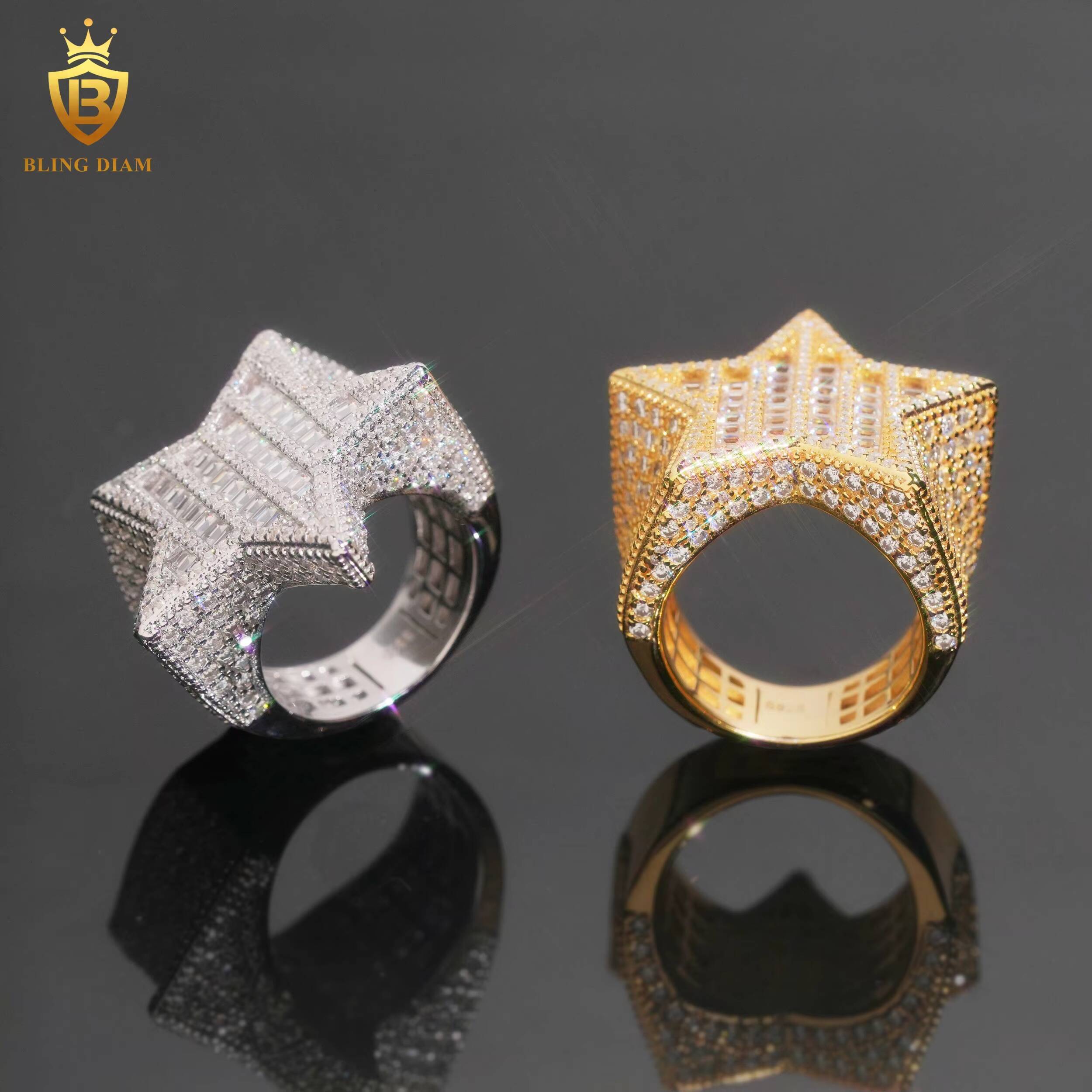 Trendy Styles 925 Sterling Silver VVS Moissanite Hip Hop Iced Out Moissanite Custom Star Baguette Ring Pass Diamond Tester
