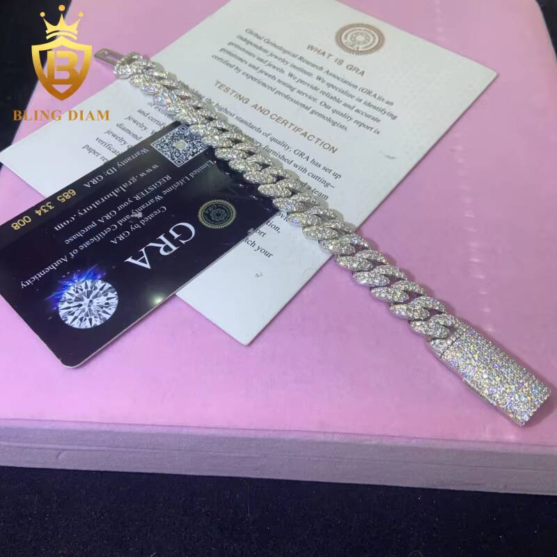 Hot Saling 12MM VVS1 Moissanite Cuban Link Chain Hip Hop Pass Diamond Tester Moissanite 925 Sterling Silver Cuban Chain GRA