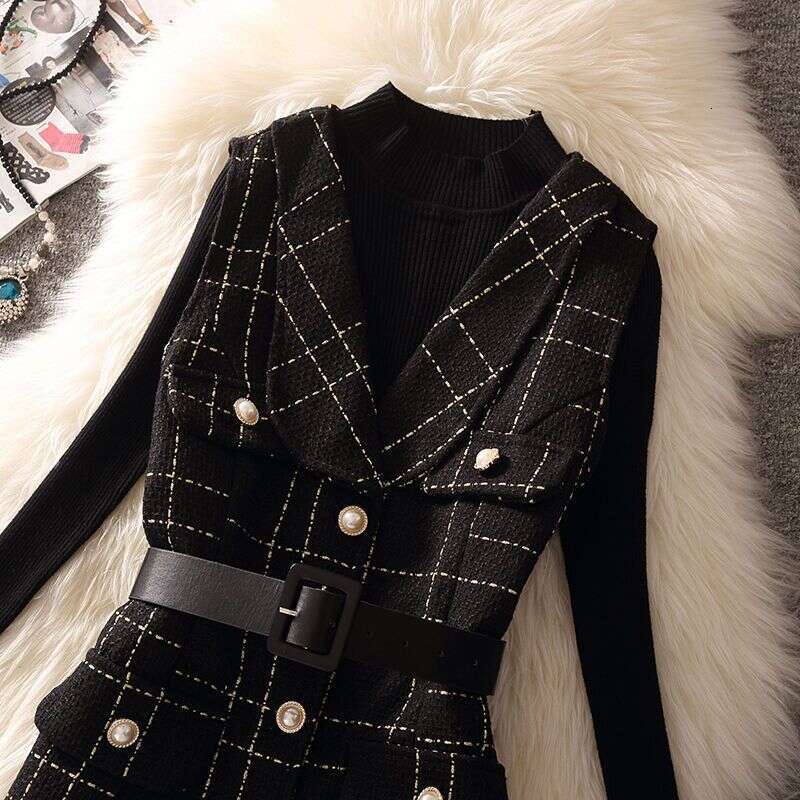 Dress Casual Woolen Dress Women's Fashion Suit Autumn Outfit New Plaid Camisole A Line Vest Skirt Knitted Style Base Sweater Women Designer Cloth
