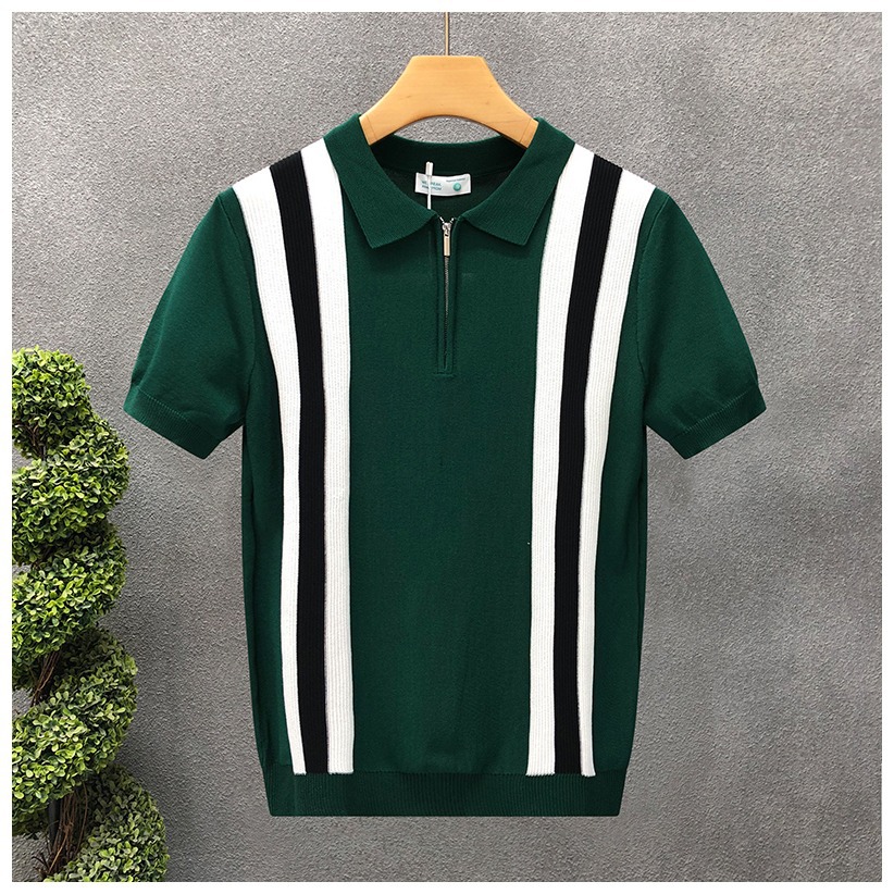 Men's Polos Korean Style Breathable Lightweight Knitted Polo Shirt Short Sleeve T-Shirt With Color Block And Ribbed Design For Summer