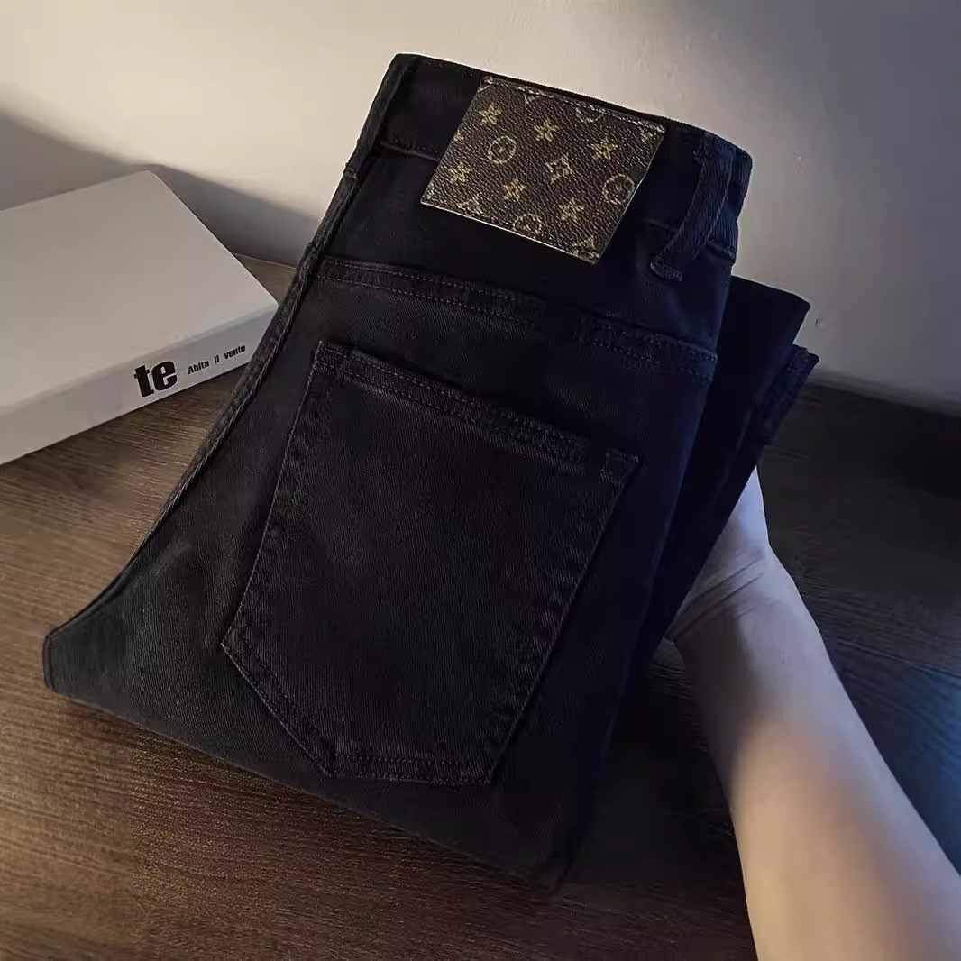 American Designer's New Knee Resistant Luxury Wear Zipper Pure Black Versatile Jeans For Men Slim Fit And Slim Fit Cropped Pants, Korean Version 