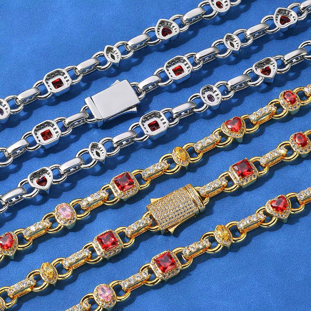 NUOYA Hip Hop New Style Link Chain 925 Silver VVS Moissanite Necklace 10MM Geometric Shape Design Red Zircon Women Jewelry