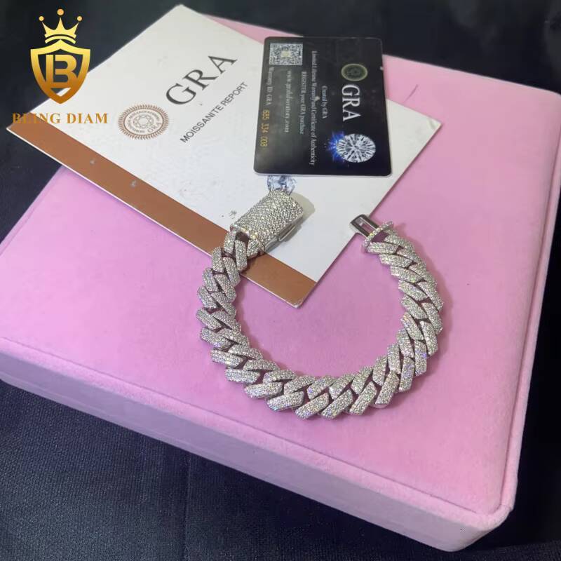 Hot Saling 14MM VVS1 Moissanite Cuban Chain HipHop Bracelet Pass Diamond Tester Iced Out Moissanite 925 Silver Cuban Chain