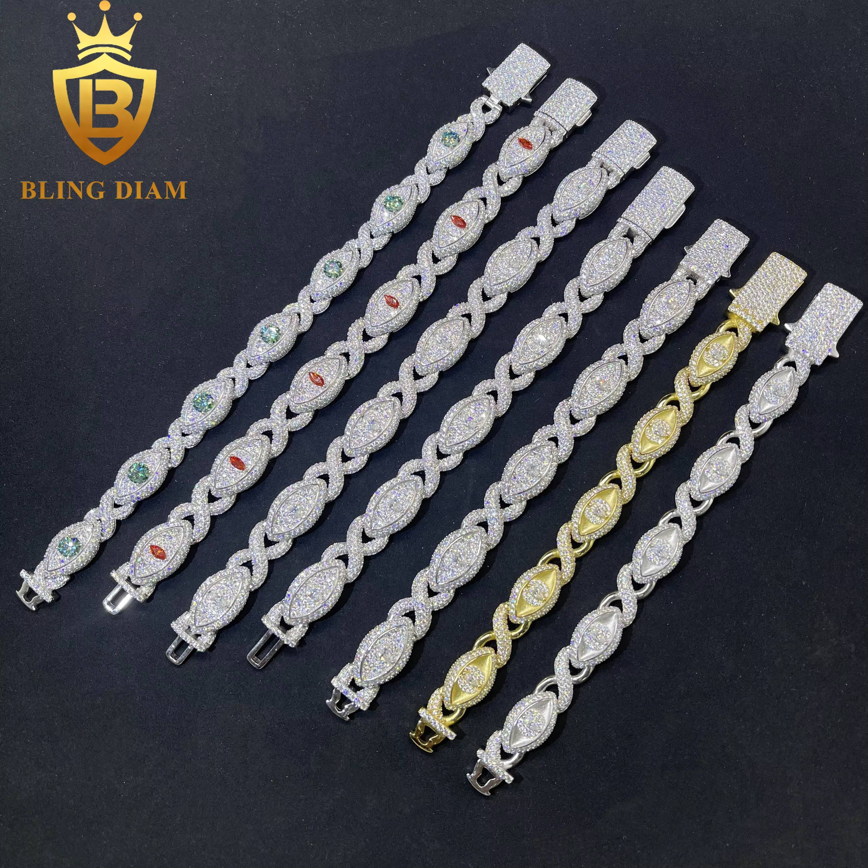 Wholesale Hip Hop Jewelry S925 Sterling Silver Vvs Moissanite Eye Infinity Cuban Link Charms Gold Plated Bracelets Mens