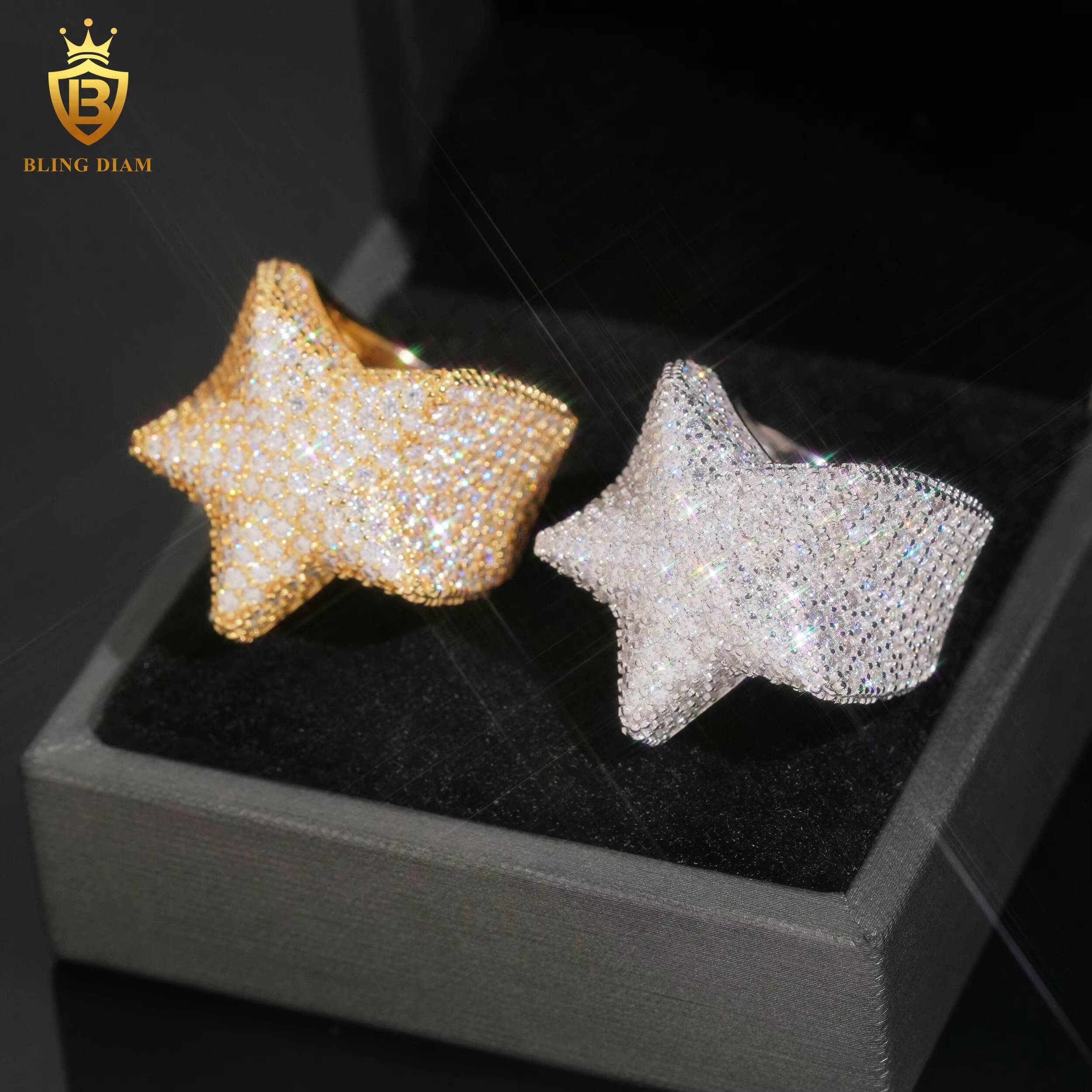 Hot Sale Jewelry Lucky Star Ring Ice Out Moissanite Hip Hop Style Pass Diamond Tester 925 Sterling Silver Rings for Men