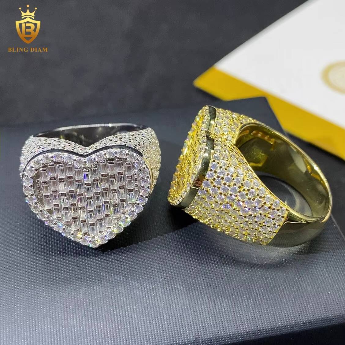 Iced Out Heart Ring Baguette Cut VVS Moissanite Ring D Color VVS Fine Moissanite Jewelry GRA Certified Moissanite Ring Hip Hop