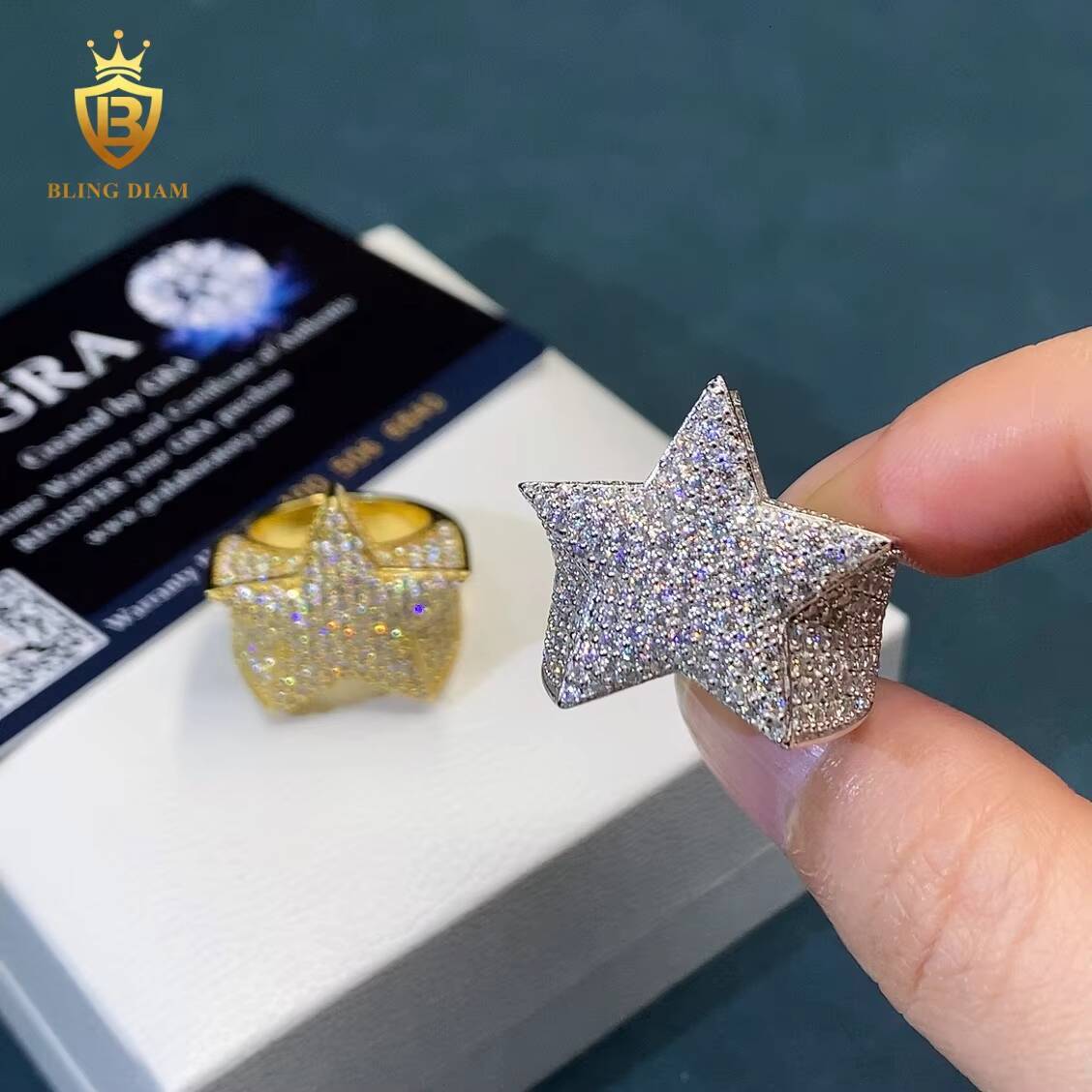 Iced Out Hip Hop Rings Star Shape Round Brilliant Cut VVS Moissanite Ring 925 Silver Rings GRA Certified Moissanite Ring Men