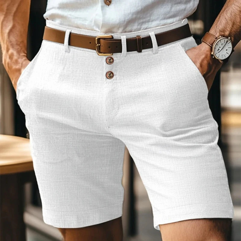 Summer Casual Shorts Men Vintage Buttoned Linen Breathable Knee Length Trousers Slim Fit Straight Male Fashion Solid Short Pants 260421