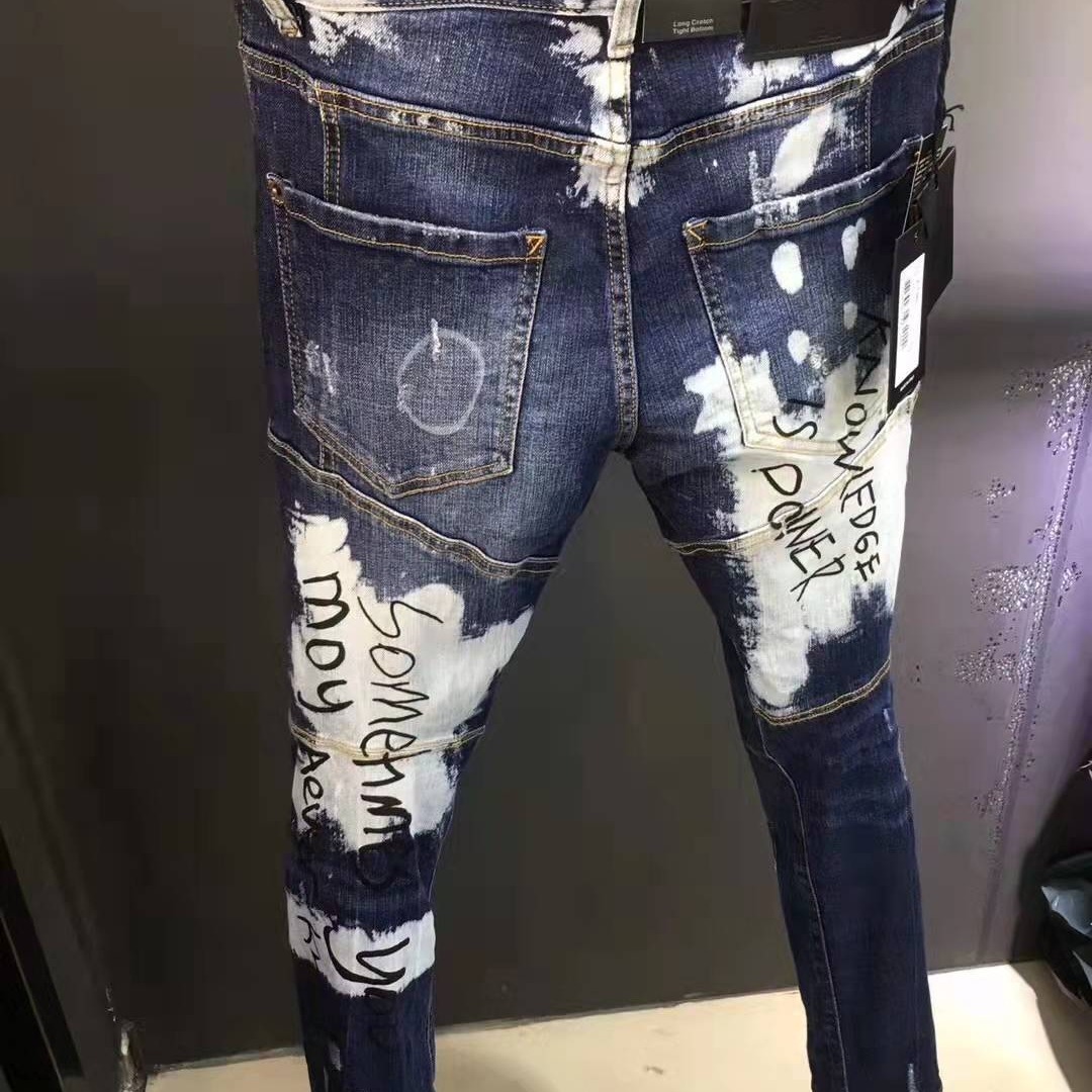 Autumn Designer Jeans Luxury Men's Slim Fit Straight Tube Ripped Hole Personalized Elastic Inkjet Sports Casual Pants Hip-hop Style Korean Youth 