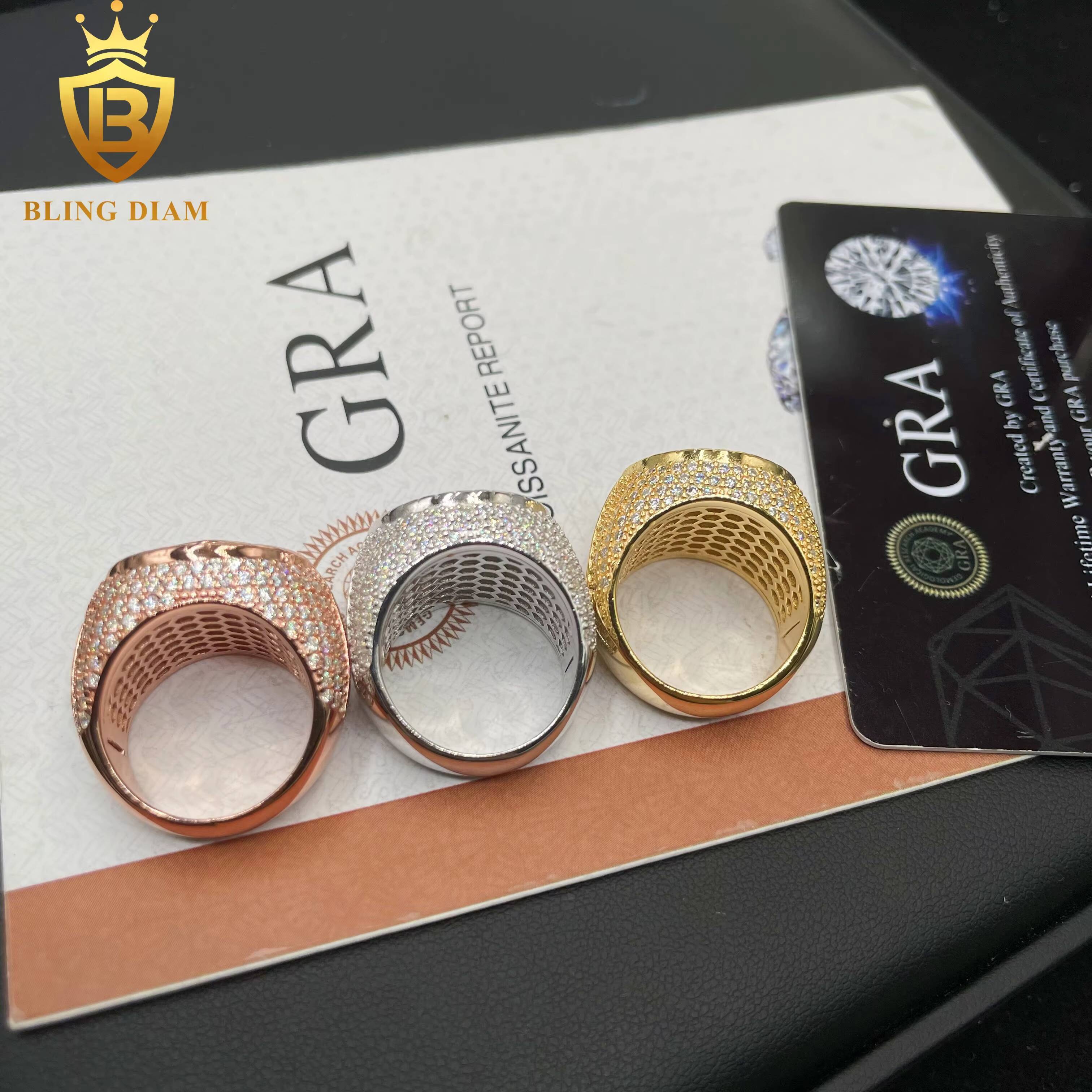 GRA Certificated Luxury Fine Jewelry Design Rapper Hip Hop 925 Silver Rings Iced Out VVS Moissanite Diamond Ring