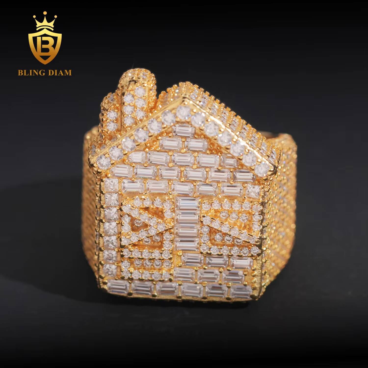 Iced Out Cuban House Ring Mens Hip Hop Jewelry 925 Sterling Silver Vvs1 Emerald Square Stone Cut Moissanite Diamond