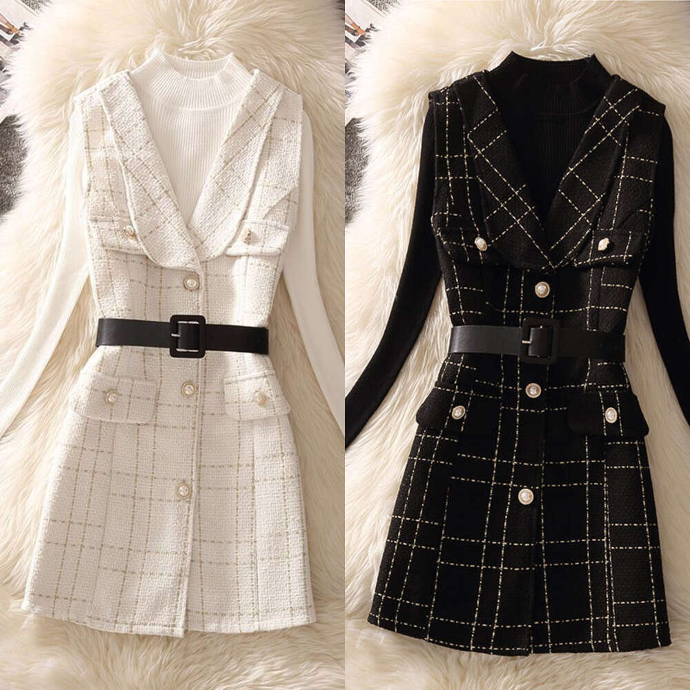 Dress Casual Woolen Dress Women's Fashion Suit Autumn Outfit New Plaid Camisole A Line Vest Skirt Knitted Style Base Sweater Women Designer Cloth