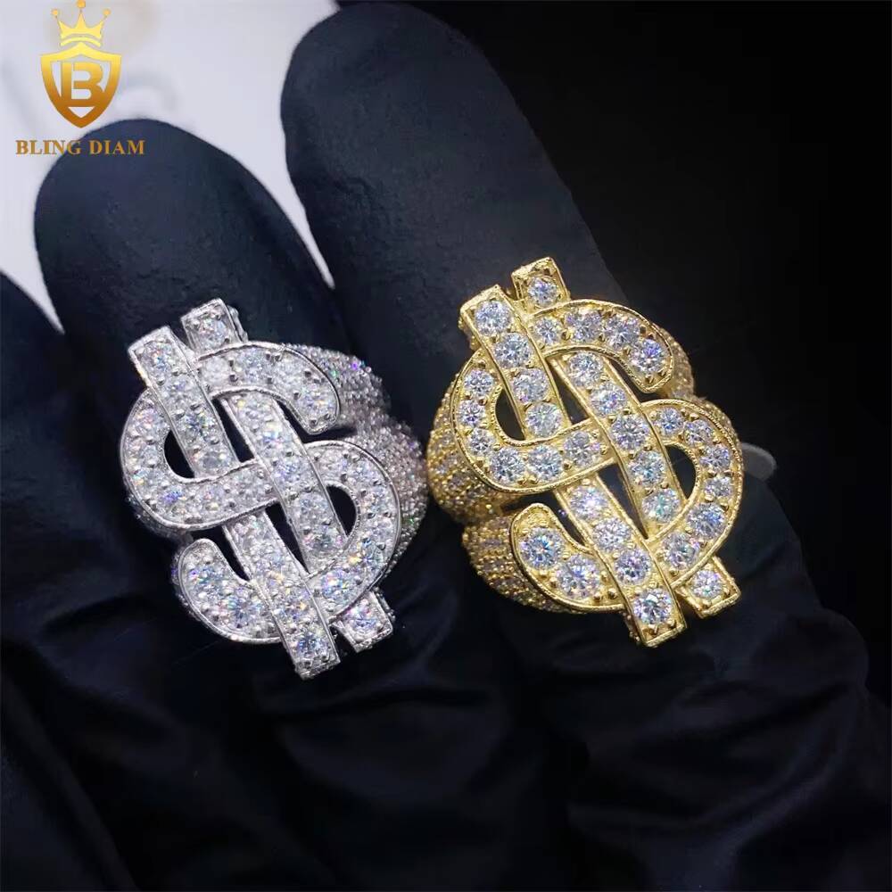US Dollar Bill Ring Rapper Hip Hop Jewellery 925 Sterling Silver Cuban for Mens Vvs Moissanite Iced Out