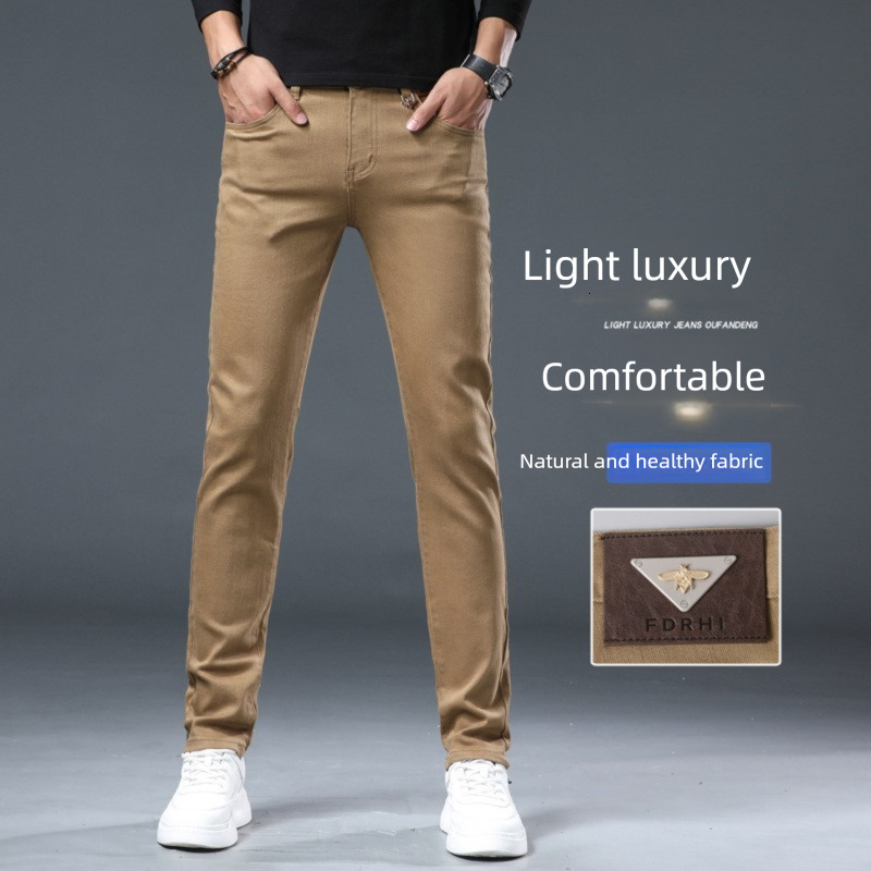 New Autumn And Spring High-end Luxury European Designer Style Pure Cotton Small Loose Bee Jeans Men's Slim Fit Elastic Luxury Slim Fit Casual Str