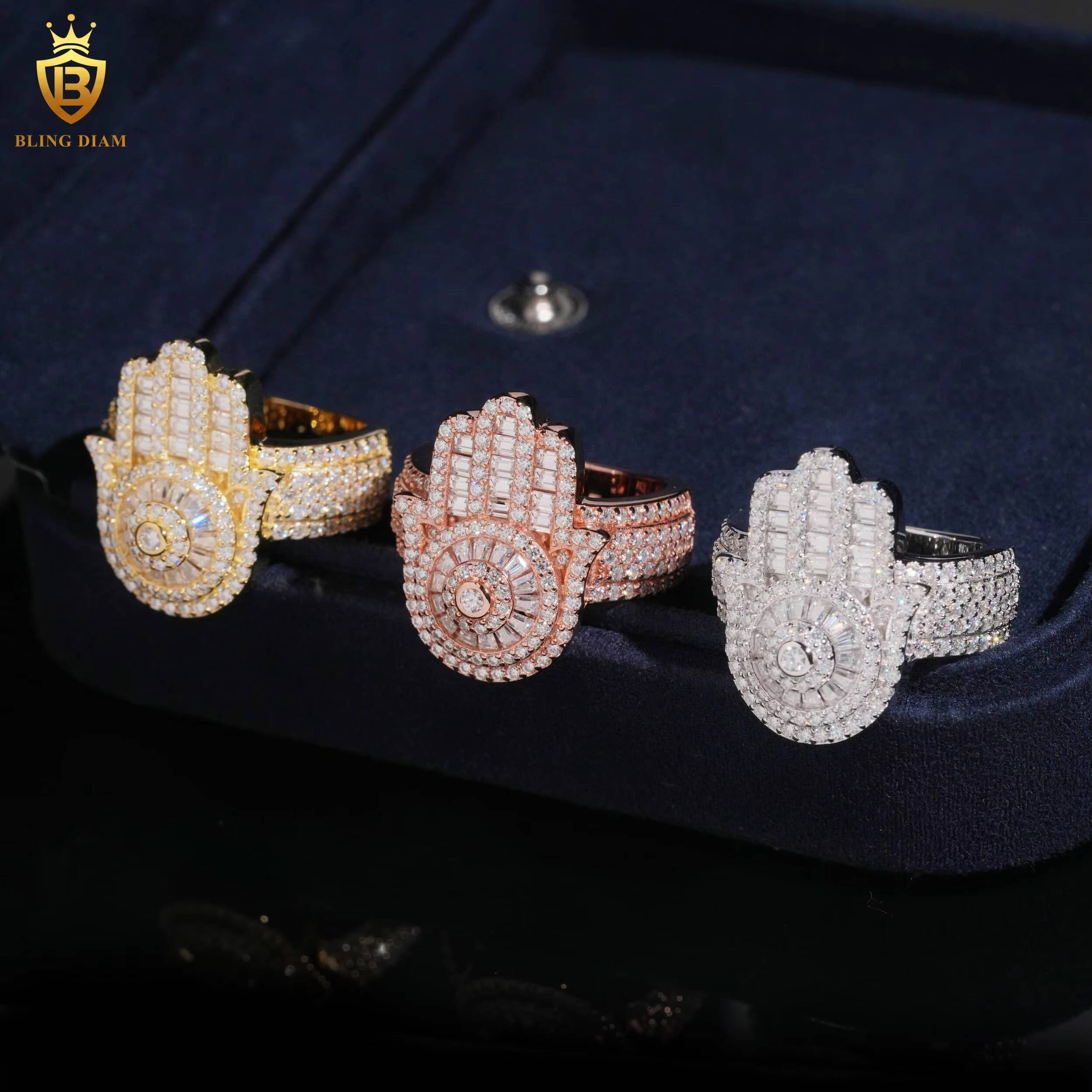 Hip Hop Rapper Rock Jewelry Wholesale 925 Sterling Silver Ice Out Vvs Moissanite Rings for Mens Hamsa Hand Shaped